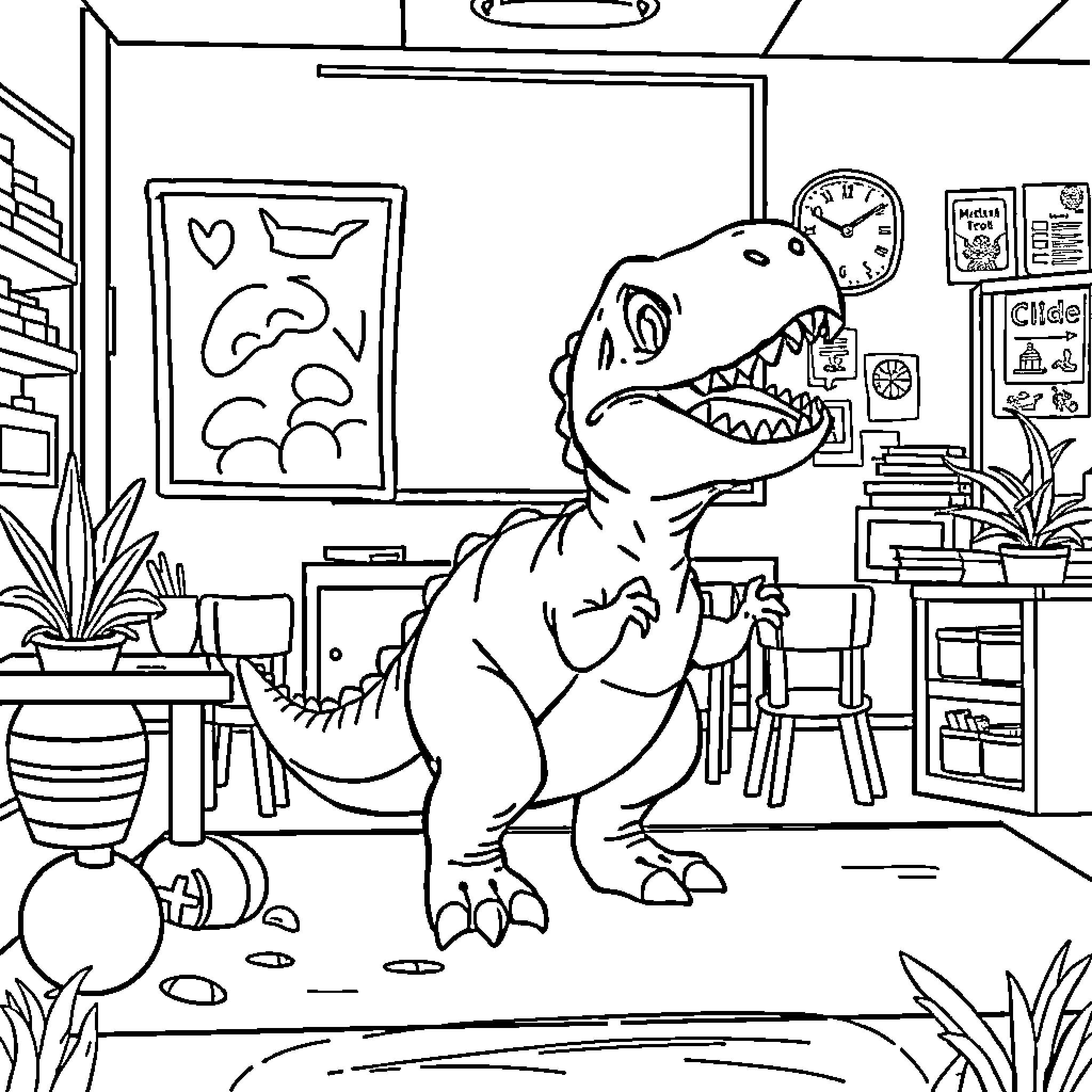 T-Rex in a Messy Classroom Coloring Page (free black-and-white line drawing printable PDF for all, from beginners to advanced learners, including children, teens, adults, and seniors)