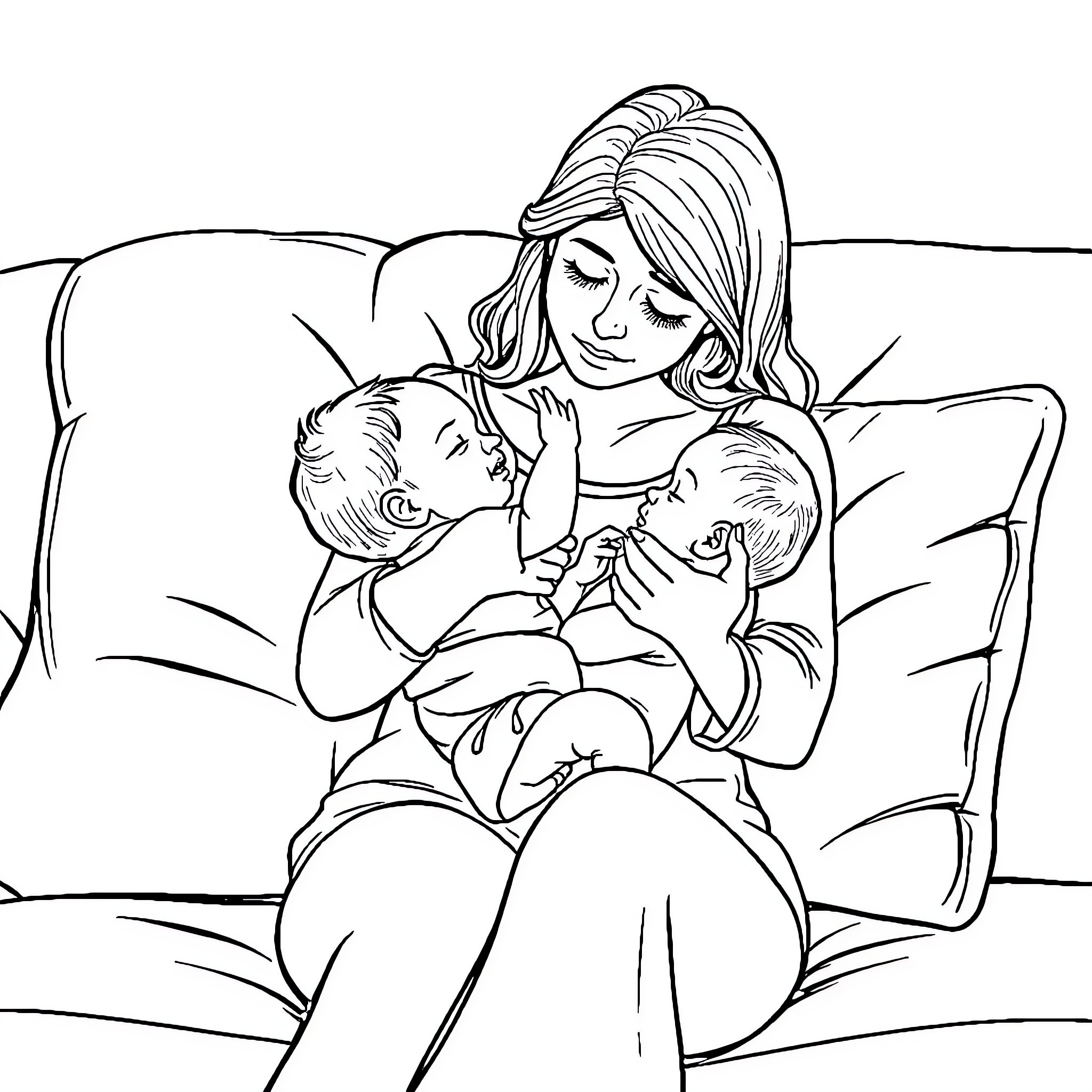 Mom cuddling and comforting her children on the couch Coloring Page (free black-and-white line drawing printable PDF for all, from beginners to advanced learners, including children, teens, adults, and seniors)
