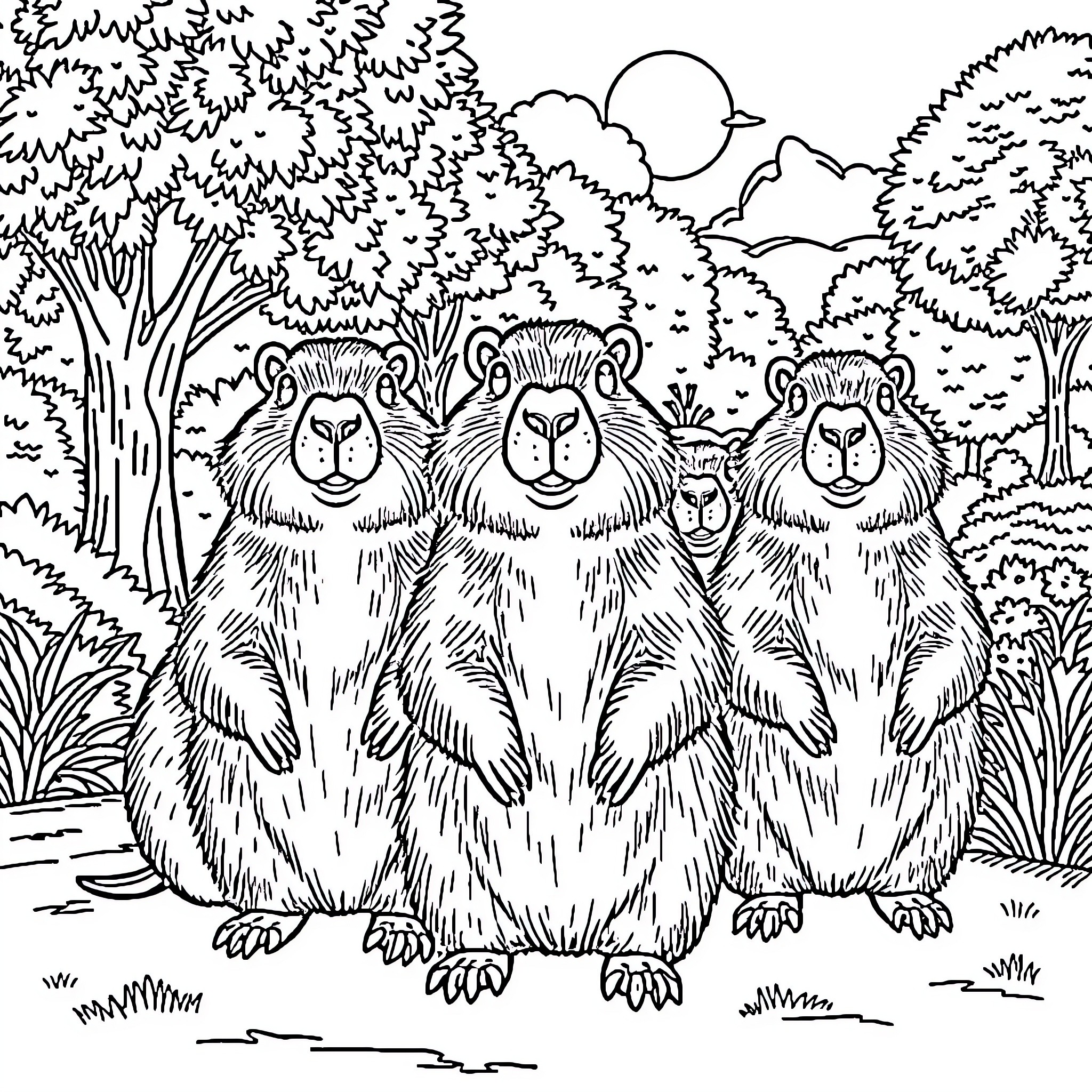 Capybara friends in the forest Coloring Page (free black-and-white line drawing printable PDF for all, from beginners to advanced learners, including children, teens, adults, and seniors)