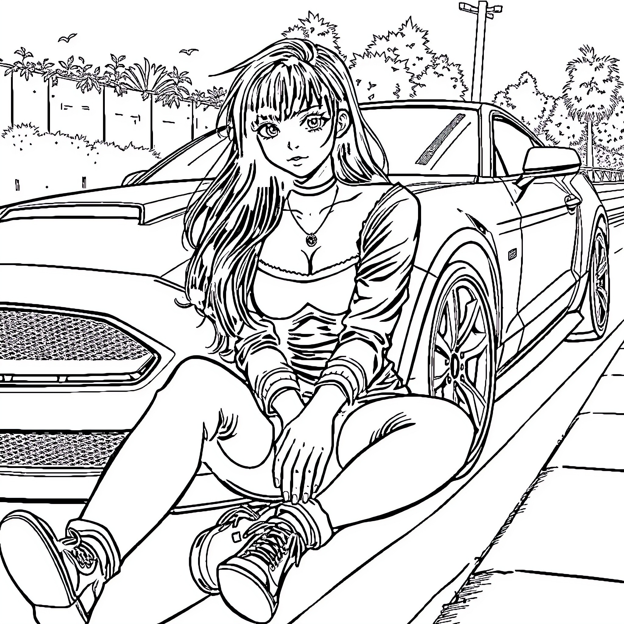 Girl in casual outfit sitting by car Coloring Page (free black-and-white line drawing printable PDF for all, from beginners to advanced learners, including children, teens, adults, and seniors)