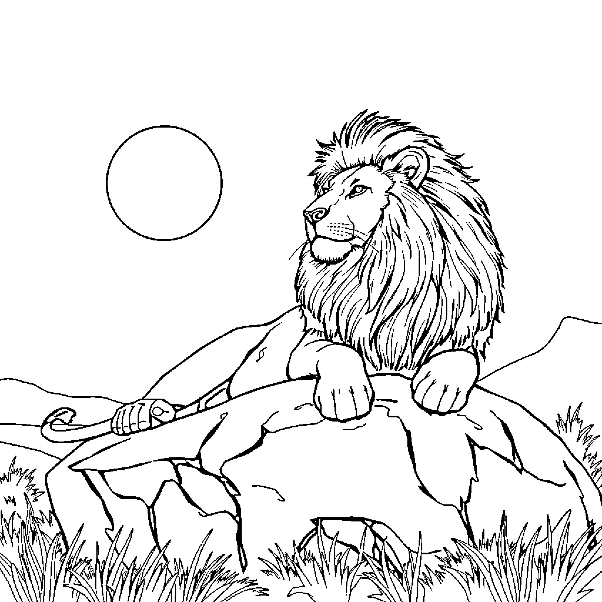 Lion Sitting on Rocky Outcrop Coloring Page (free black-and-white line drawing printable PDF for all, from beginners to advanced learners, including children, teens, adults, and seniors)