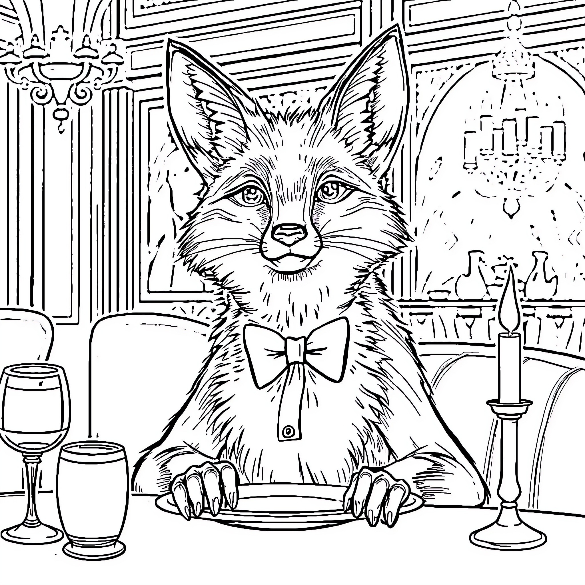 Fox Dressed in Formal Attire at an Elegant Dinner Party Coloring Page (free black-and-white line drawing printable PDF for all, from beginners to advanced learners, including children, teens, adults, and seniors)