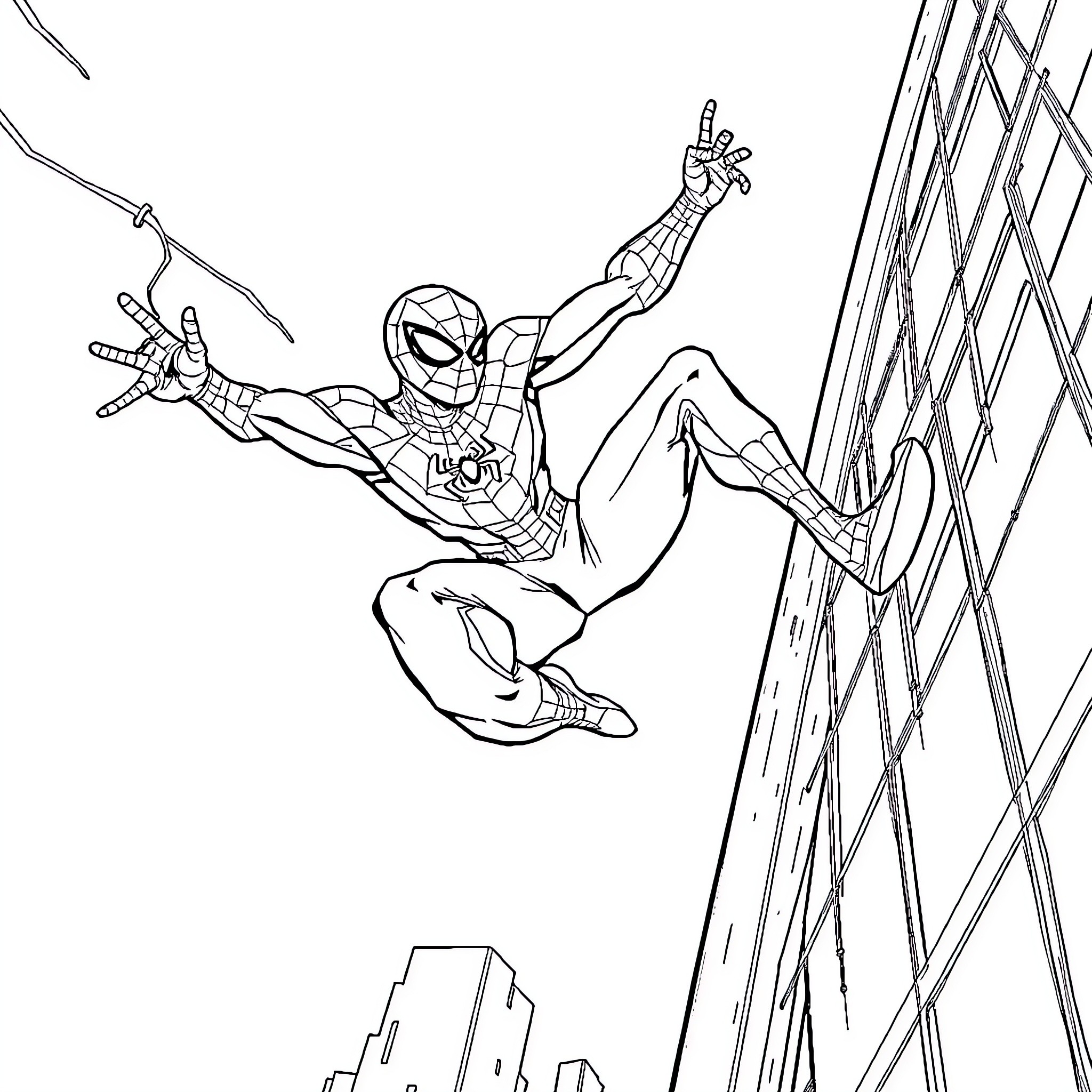 Spider-Man swinging through the city with heroic pose Coloring Page (free black-and-white line drawing printable PDF for all, from beginners to advanced learners, including children, teens, adults, and seniors)