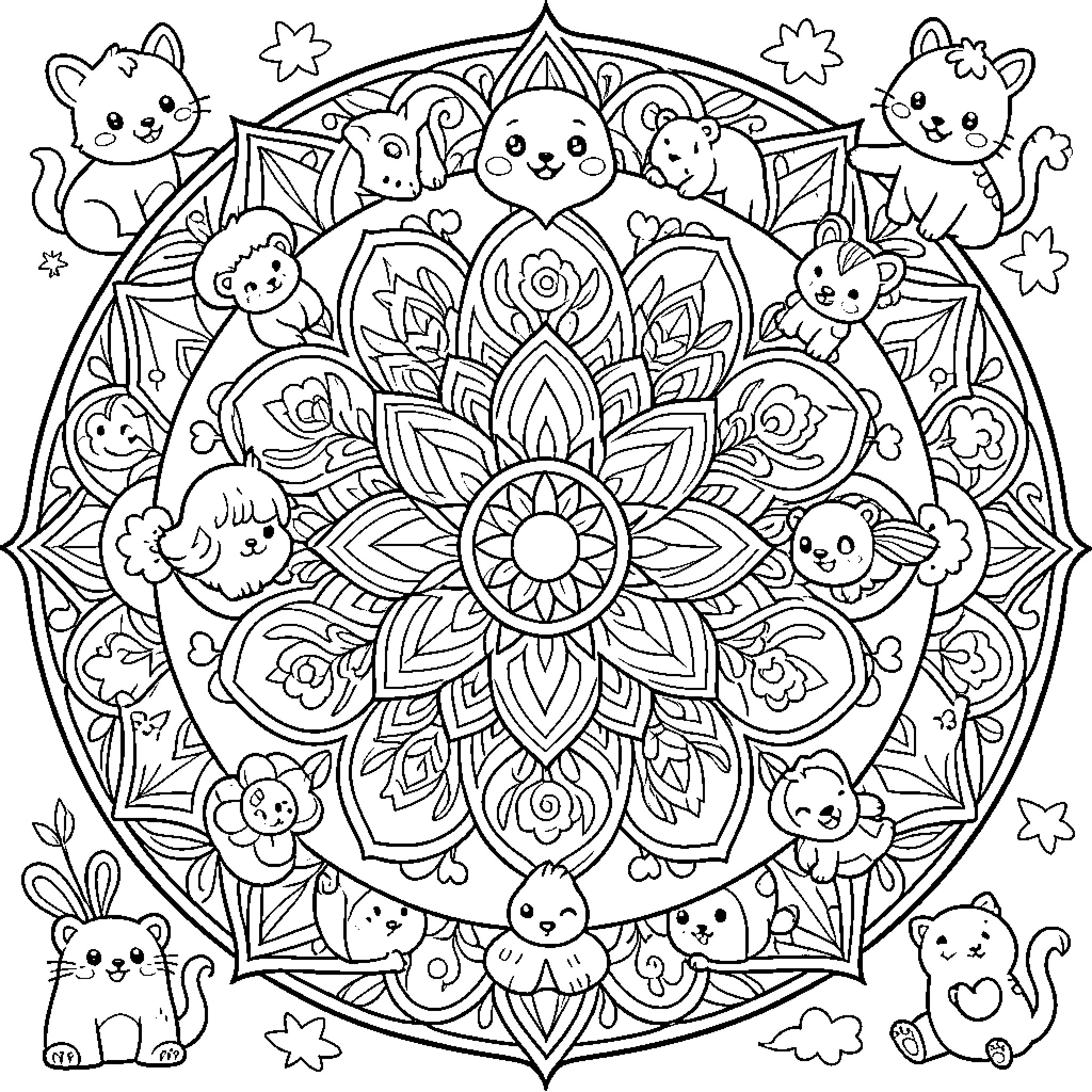 Mandala with Adorable Cats and Flowers Coloring Page (free black-and-white line drawing printable PDF for all, from beginners to advanced learners, including children, teens, adults, and seniors)