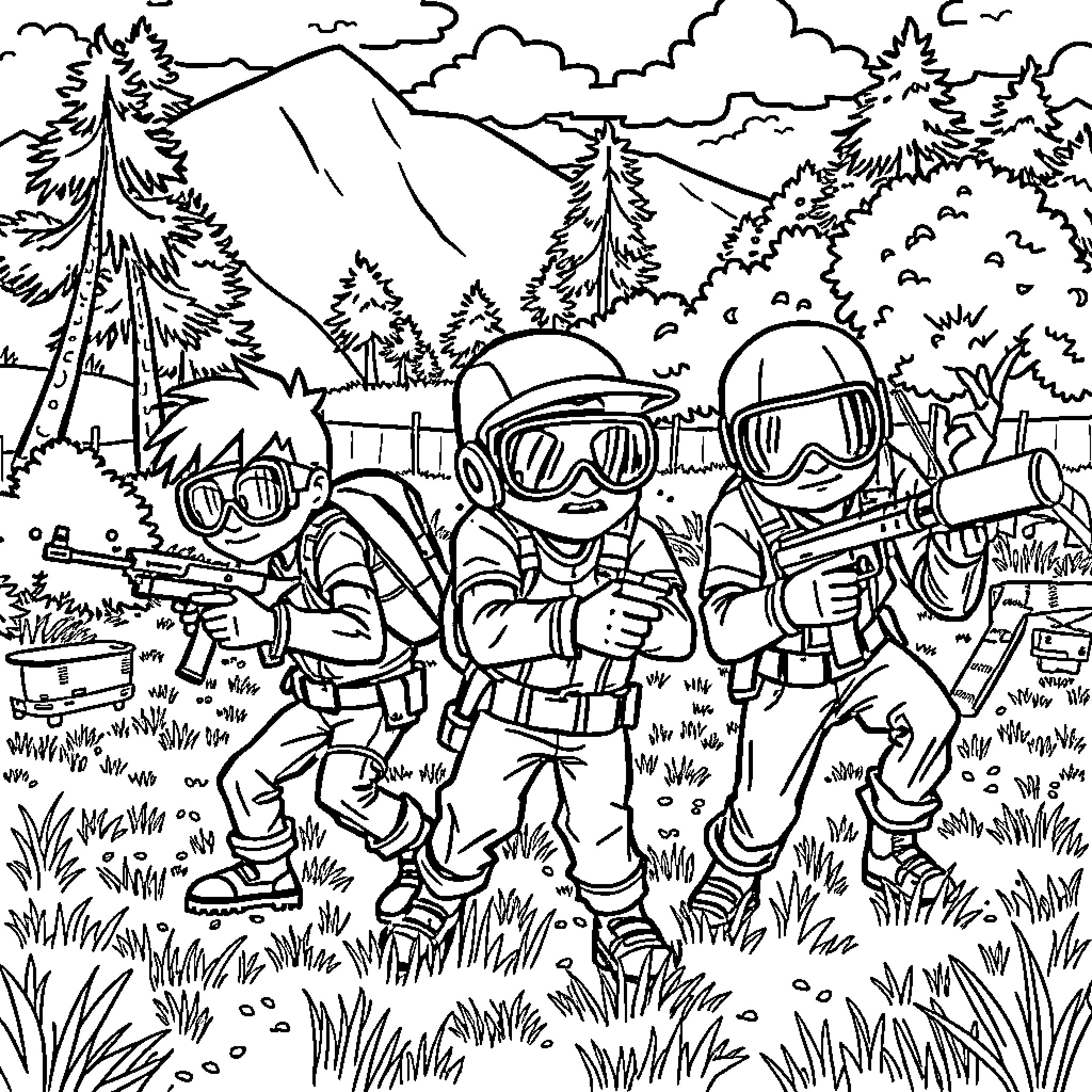Boondocks Paintball Adventure in the Woods Coloring Page (free black-and-white line drawing printable PDF for all, from beginners to advanced learners, including children, teens, adults, and seniors)