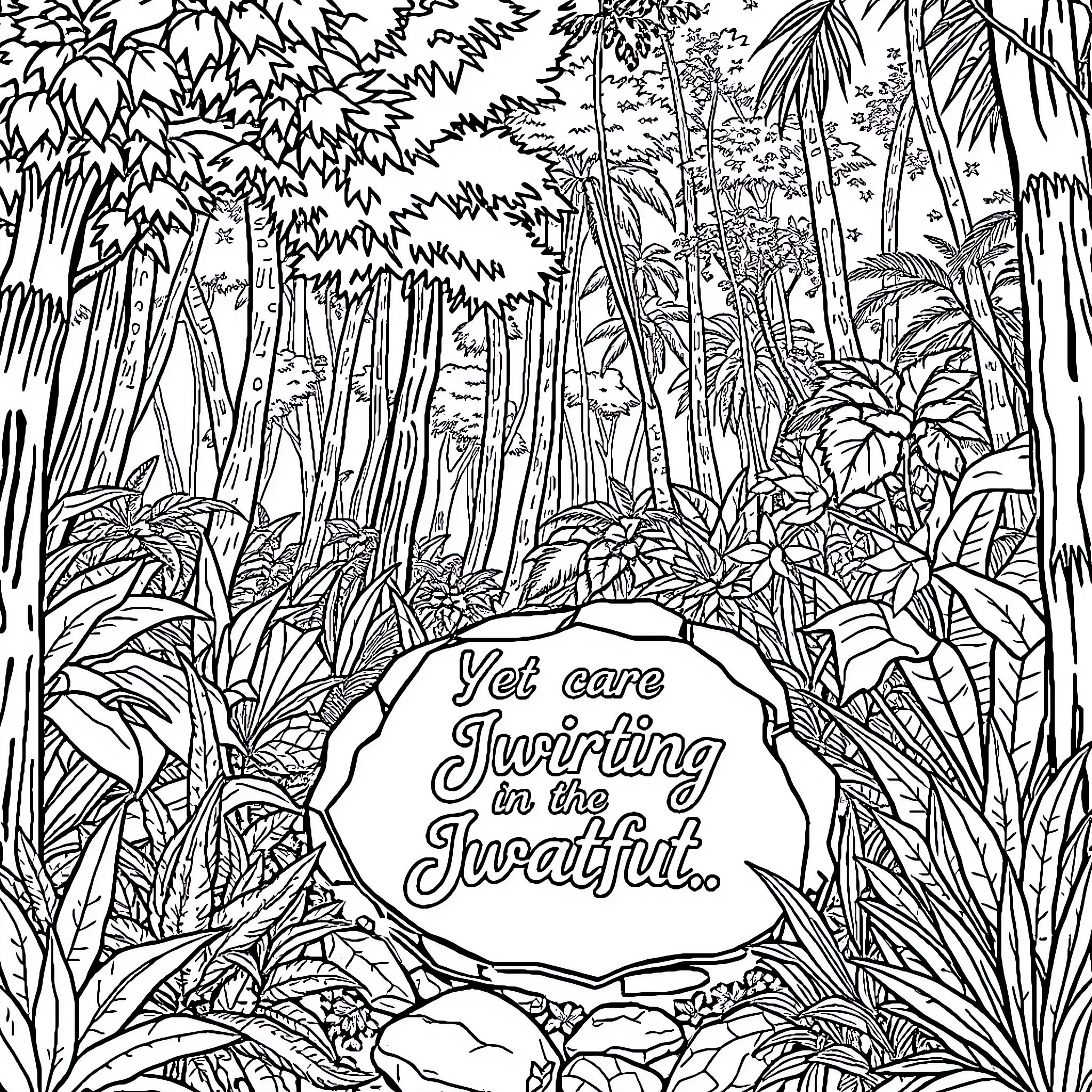 Jungle Scene with Inspirational Text Coloring Page (free black-and-white line drawing printable PDF for all, from beginners to advanced learners, including children, teens, adults, and seniors)
