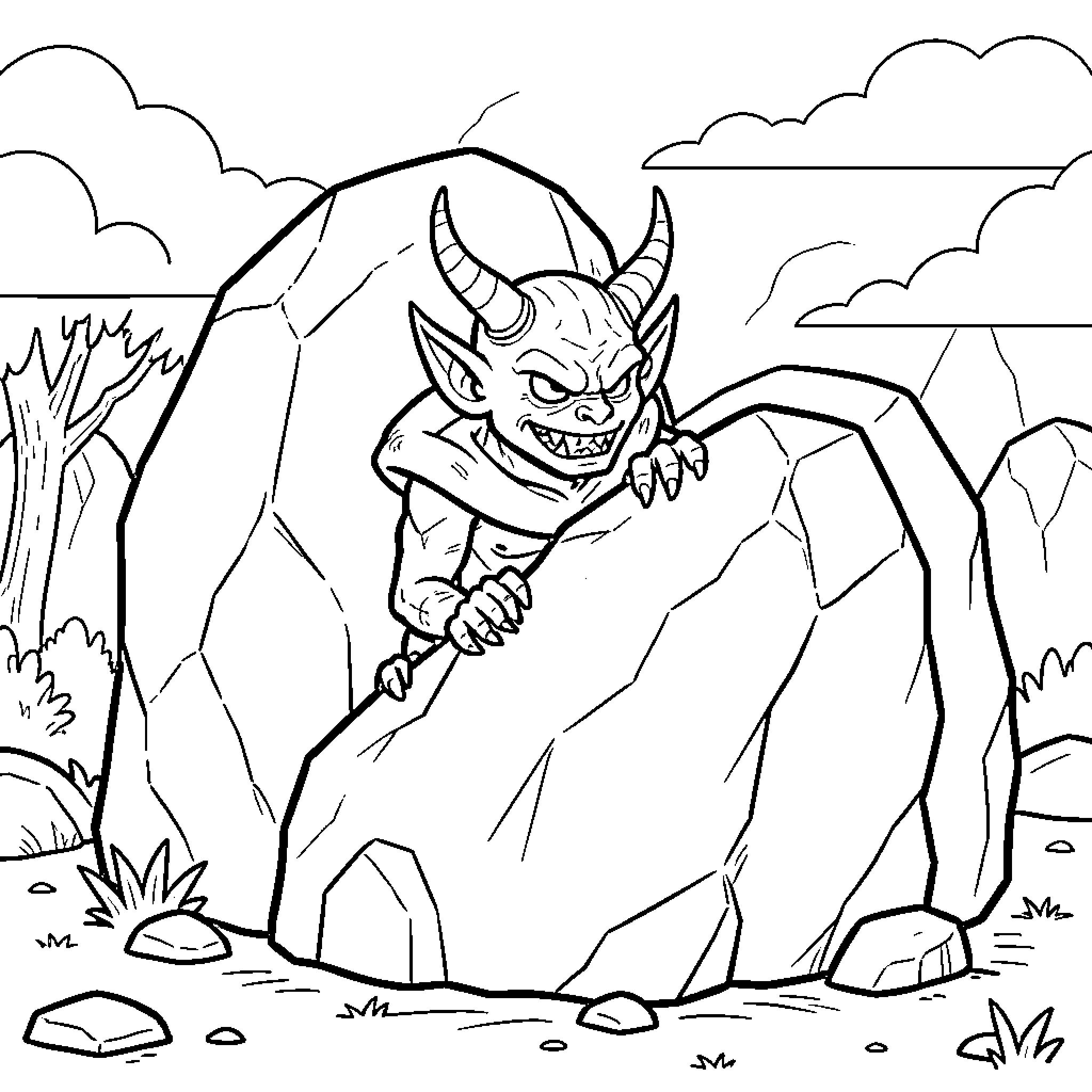 Koop Demon peeking mischievously from behind large rocks Coloring Page (free black-and-white line drawing printable PDF for all, from beginners to advanced learners, including children, teens, adults, and seniors)