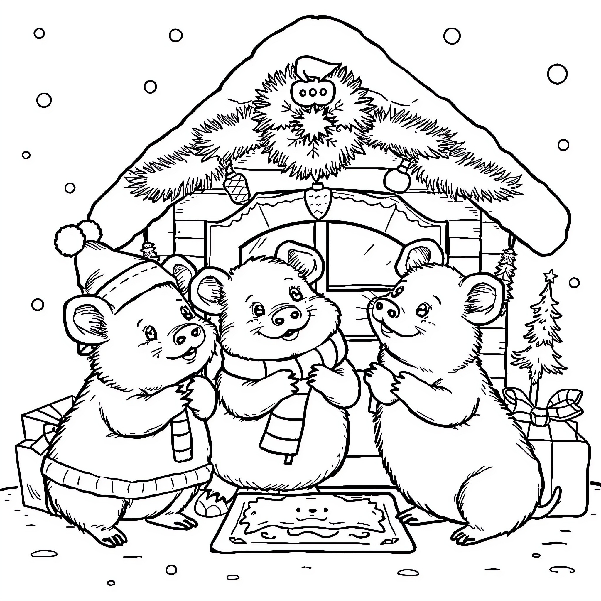 Three Little Pigs Enjoying a Cozy Christmas Gathering Coloring Page (free black-and-white line drawing printable PDF for all, from beginners to advanced learners, including children, teens, adults, and seniors)