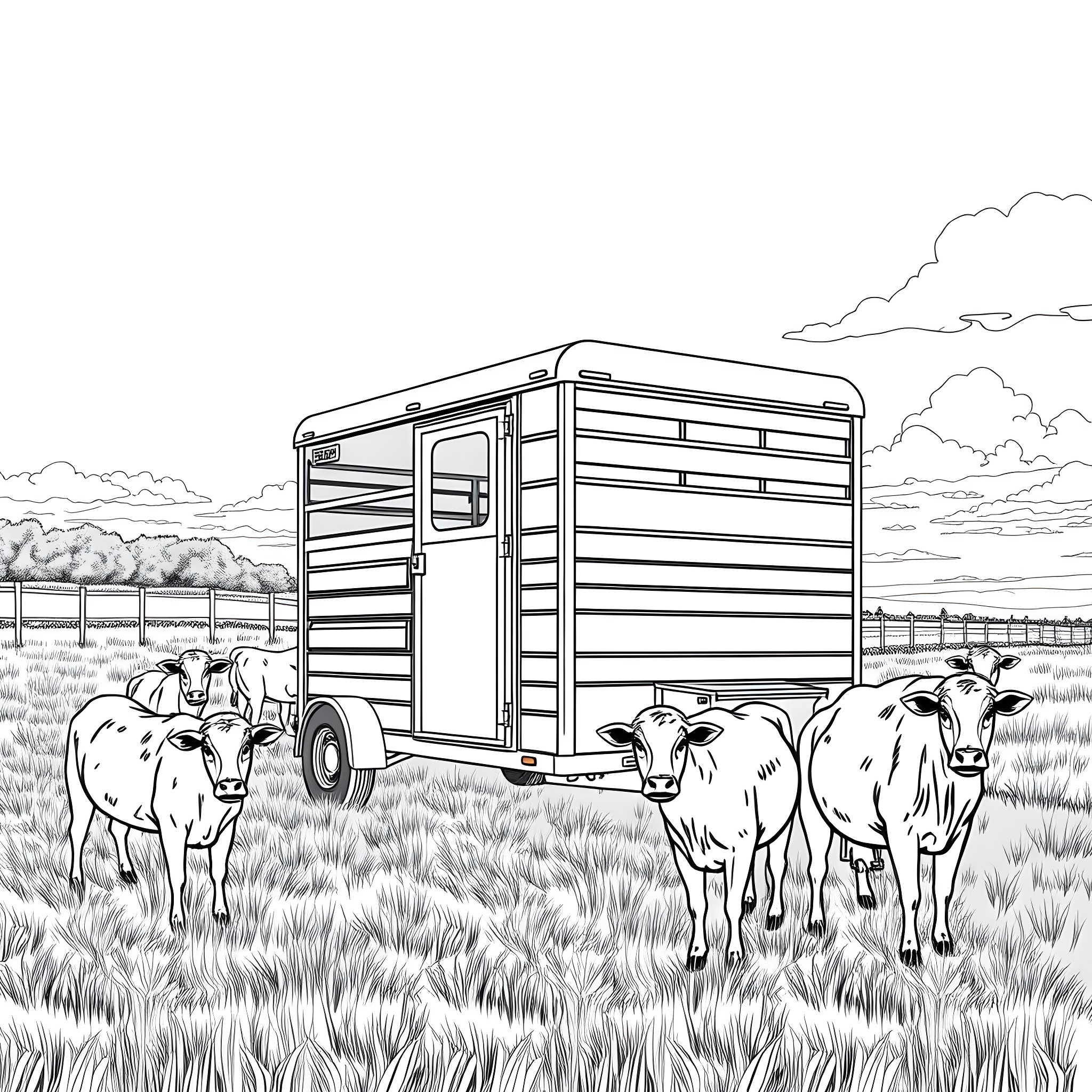 Livestock Trailer with Cattle in Field Coloring Page (free black-and-white line drawing printable PDF for all, from beginners to advanced learners, including children, teens, adults, and seniors)