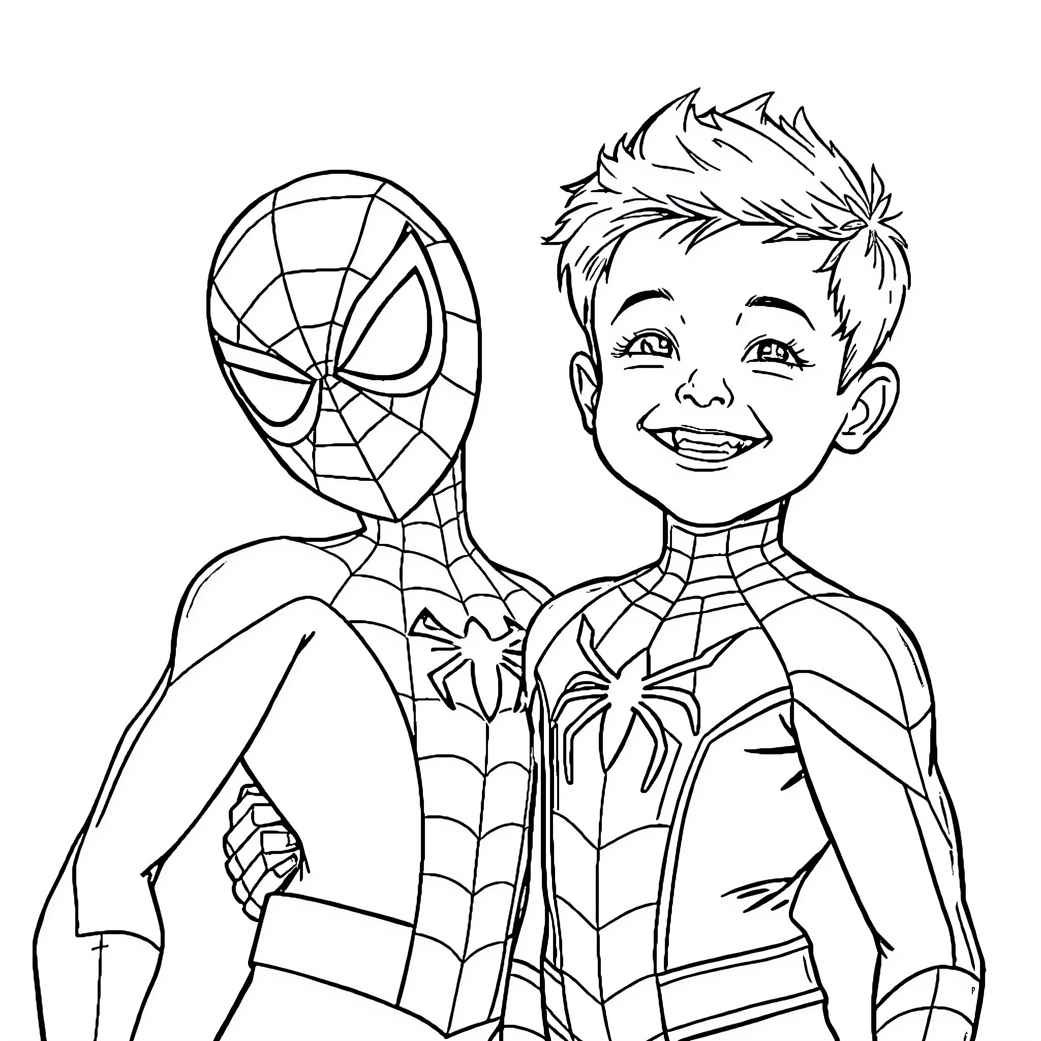 Child playing with Spider-Man Coloring Page (free black-and-white line drawing printable PDF for all, from beginners to advanced learners, including children, teens, adults, and seniors)