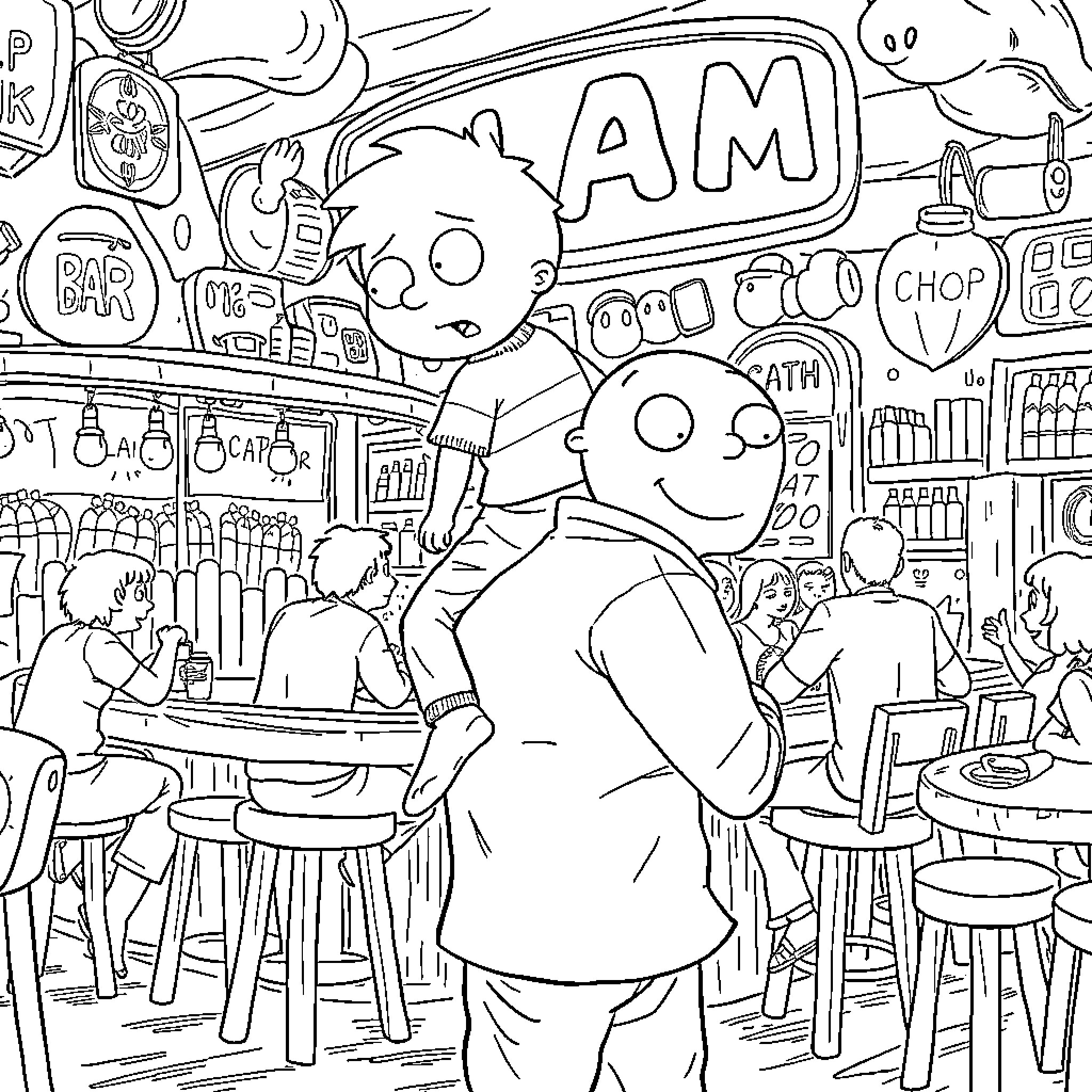 Stewie's Diner Adventure Coloring Page (free black-and-white line drawing printable PDF for all, from beginners to advanced learners, including children, teens, adults, and seniors)