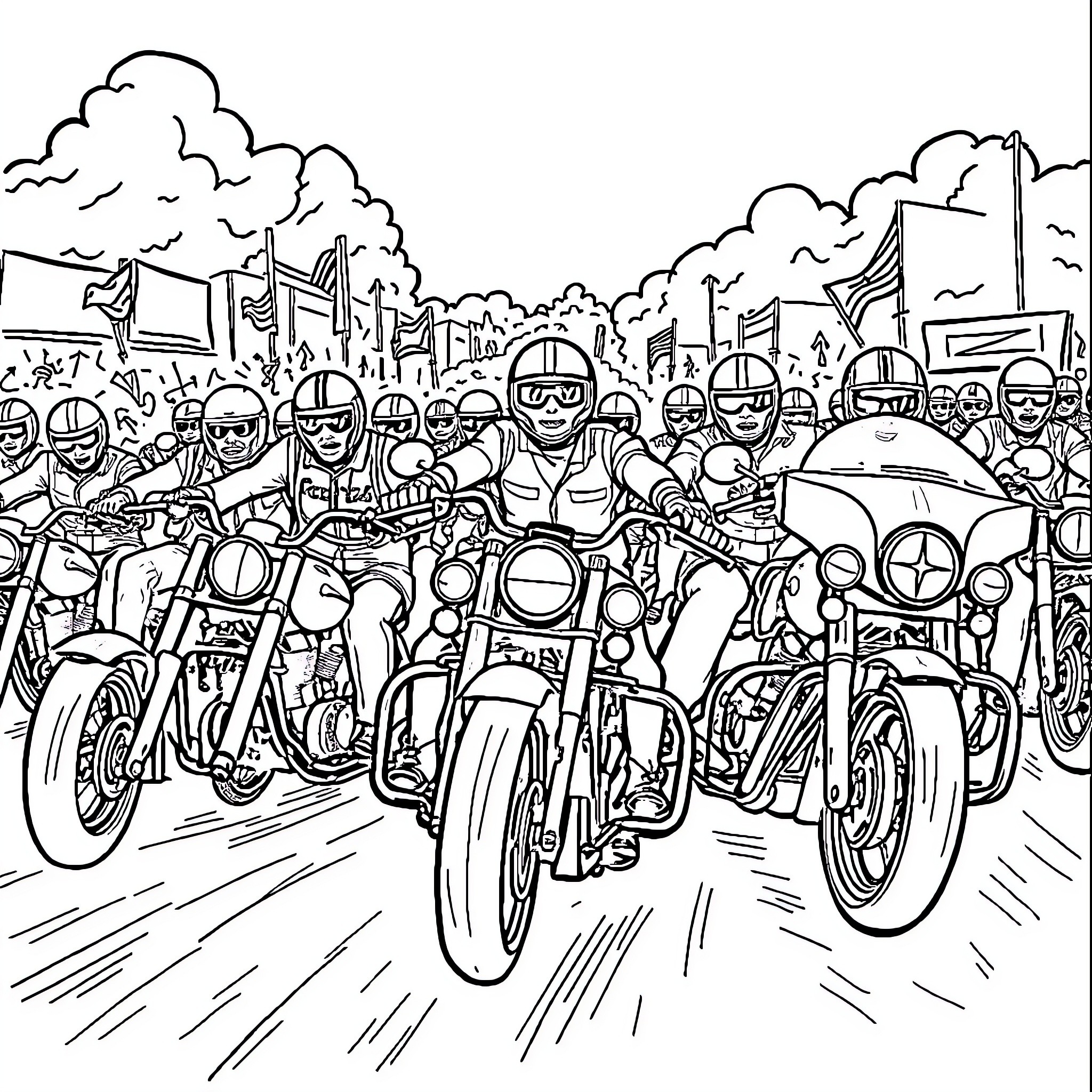 Biker group racing on the street Coloring Page (free black-and-white line drawing printable PDF for all, from beginners to advanced learners, including children, teens, adults, and seniors)