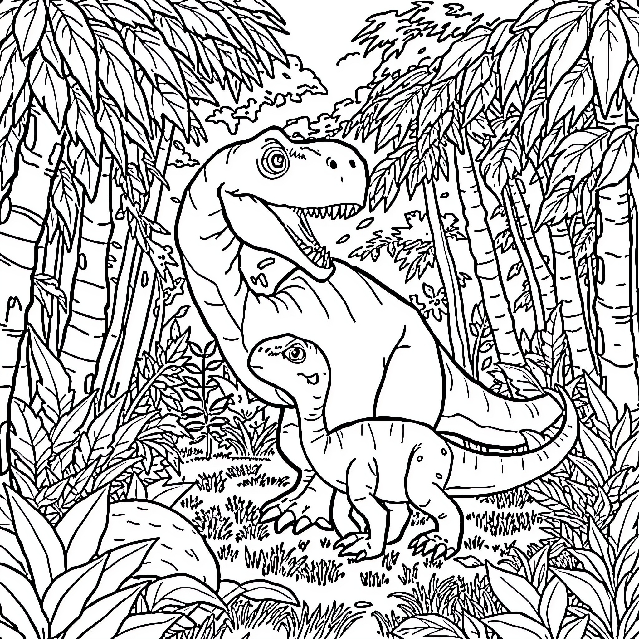 Dinosaurs exploring the lush jungle landscape Coloring Page (free black-and-white line drawing printable PDF for all, from beginners to advanced learners, including children, teens, adults, and seniors)