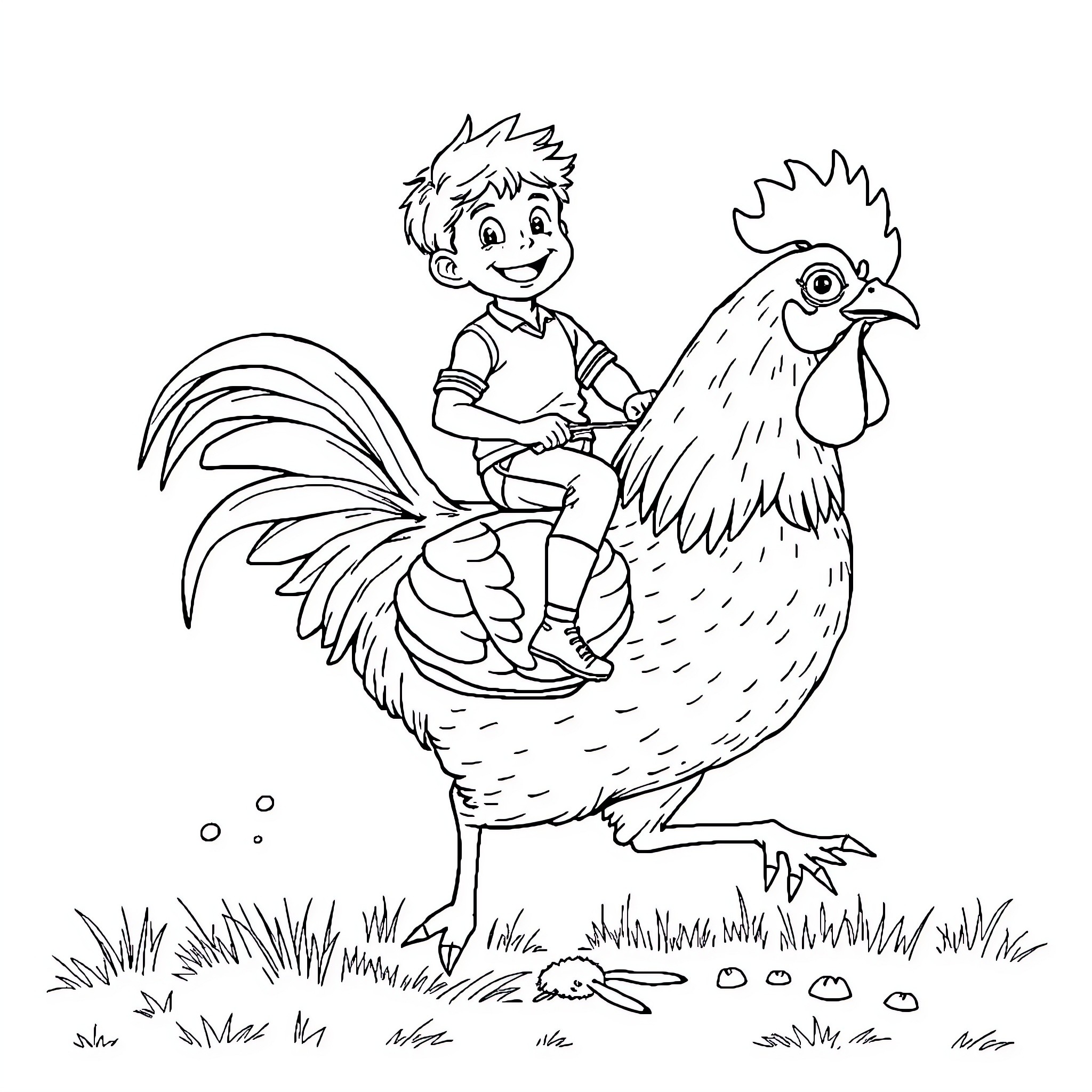 Boy riding on a friendly rooster in the farm Coloring Page (free black-and-white line drawing printable PDF for all, from beginners to advanced learners, including children, teens, adults, and seniors)