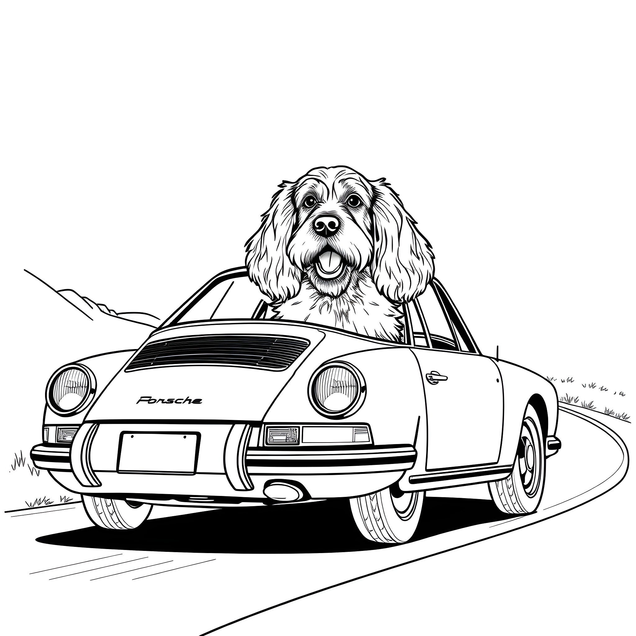 Cocker Spaniel Riding Happily in Sports Car Coloring Page (free black-and-white line drawing printable PDF for all, from beginners to advanced learners, including children, teens, adults, and seniors)