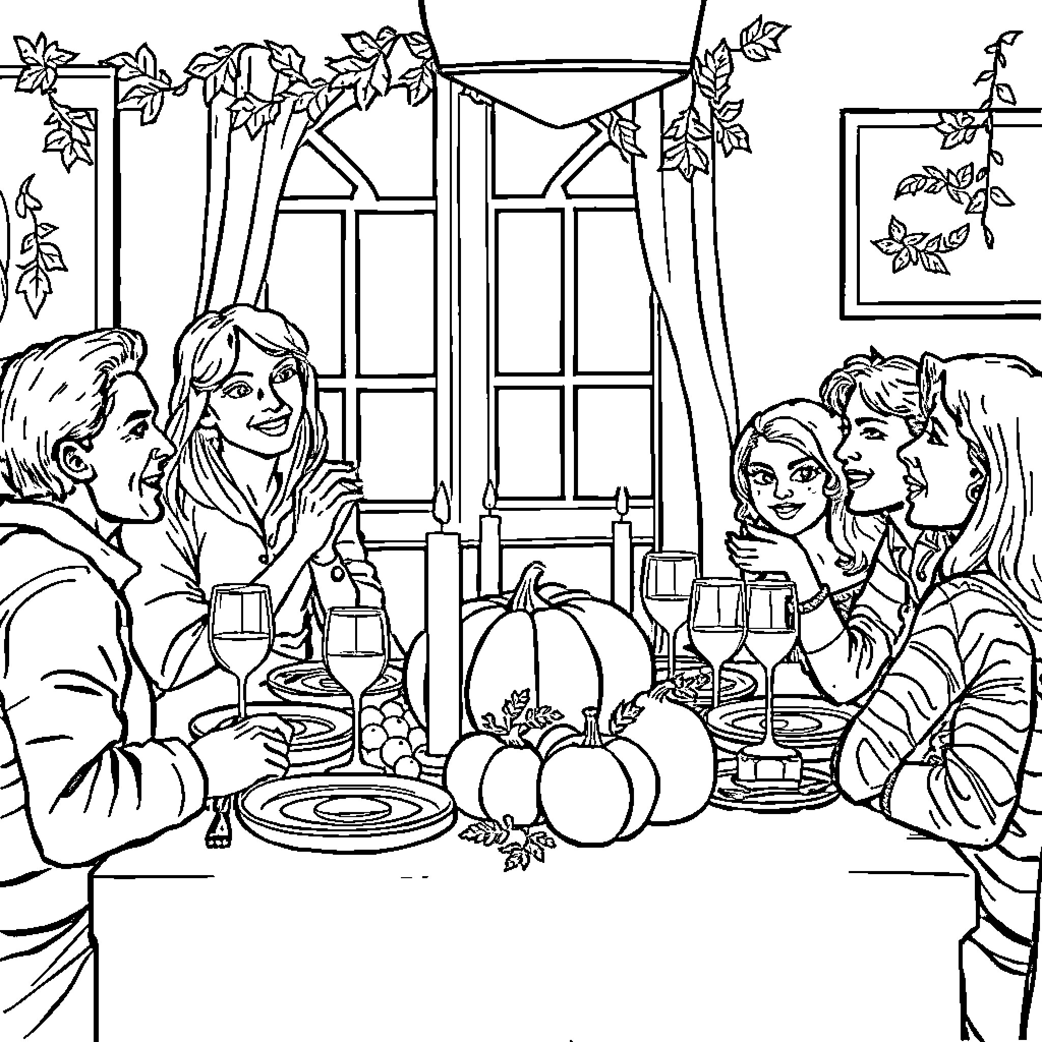 Taylor Swift celebrates Thanksgiving with friends and family Coloring Page (free black-and-white line drawing printable PDF for all, from beginners to advanced learners, including children, teens, adults, and seniors)