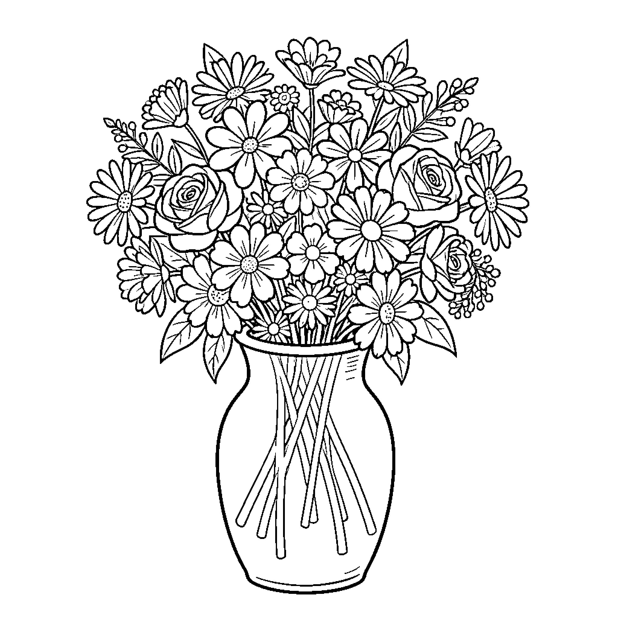Jarron's Floral Bouquet in Vase Coloring Page (free black-and-white line drawing printable PDF for all, from beginners to advanced learners, including children, teens, adults, and seniors)
