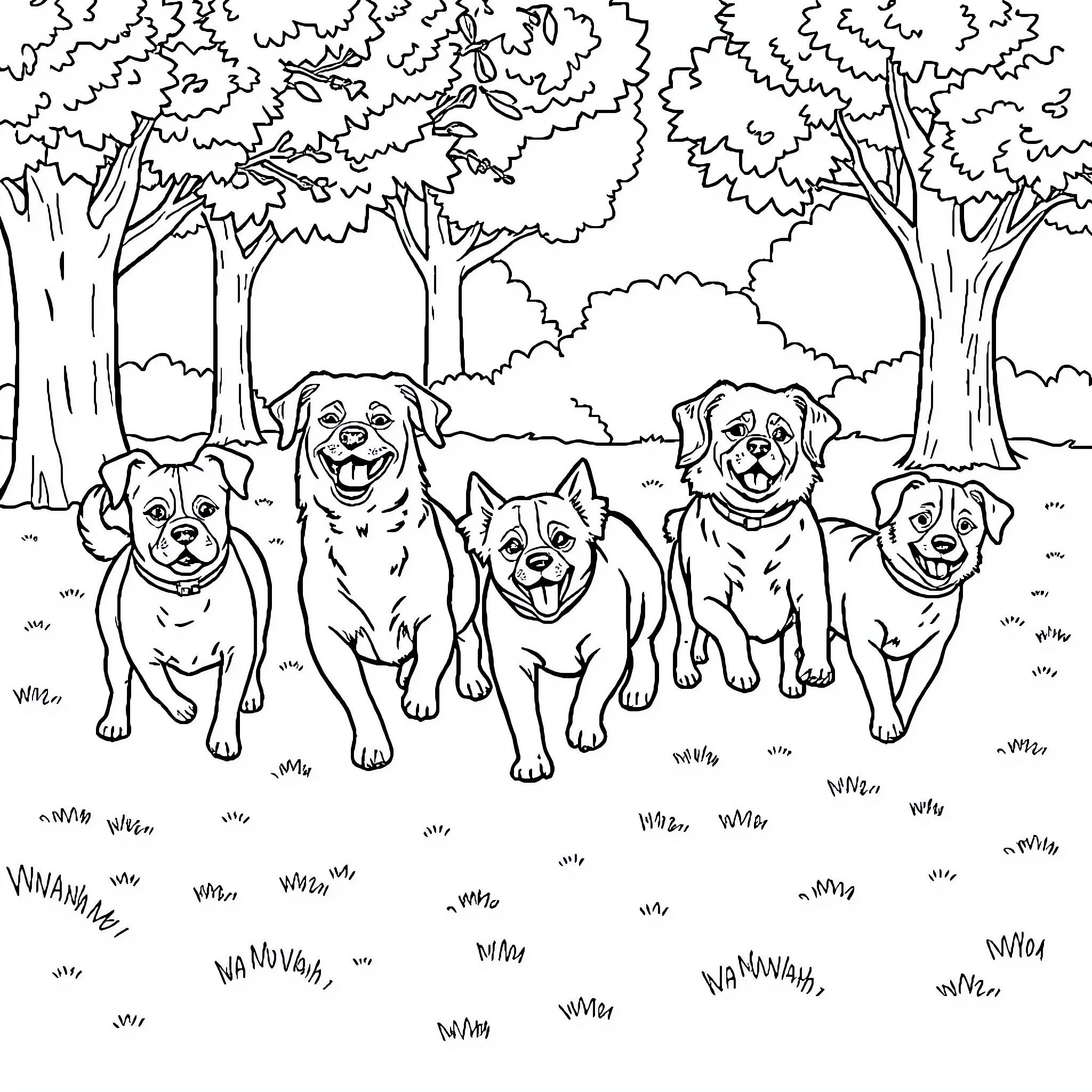 Dog pack playing joyfully in the forest Coloring Page (free black-and-white line drawing printable PDF for all, from beginners to advanced learners, including children, teens, adults, and seniors)
