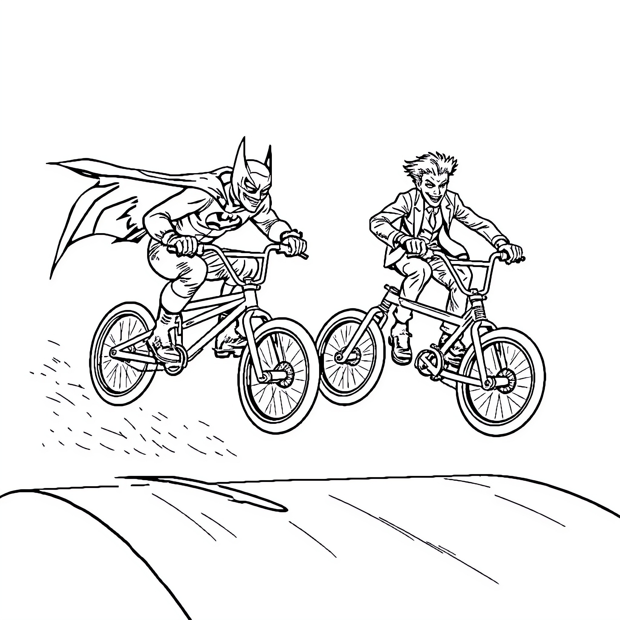 Batman and the Joker race on bicycles Coloring Page (free black-and-white line drawing printable PDF for all, from beginners to advanced learners, including children, teens, adults, and seniors)