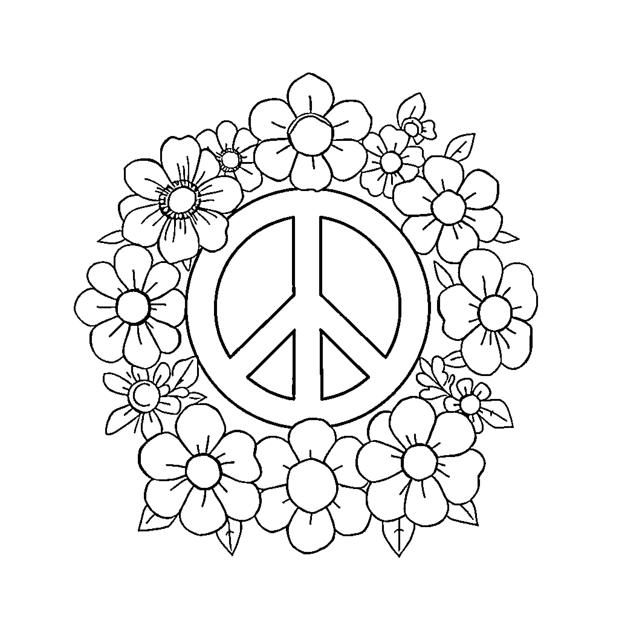 Peace Symbol Surrounded by Flowers Coloring Page (free black-and-white line drawing printable PDF for all, from beginners to advanced learners, including children, teens, adults, and seniors)
