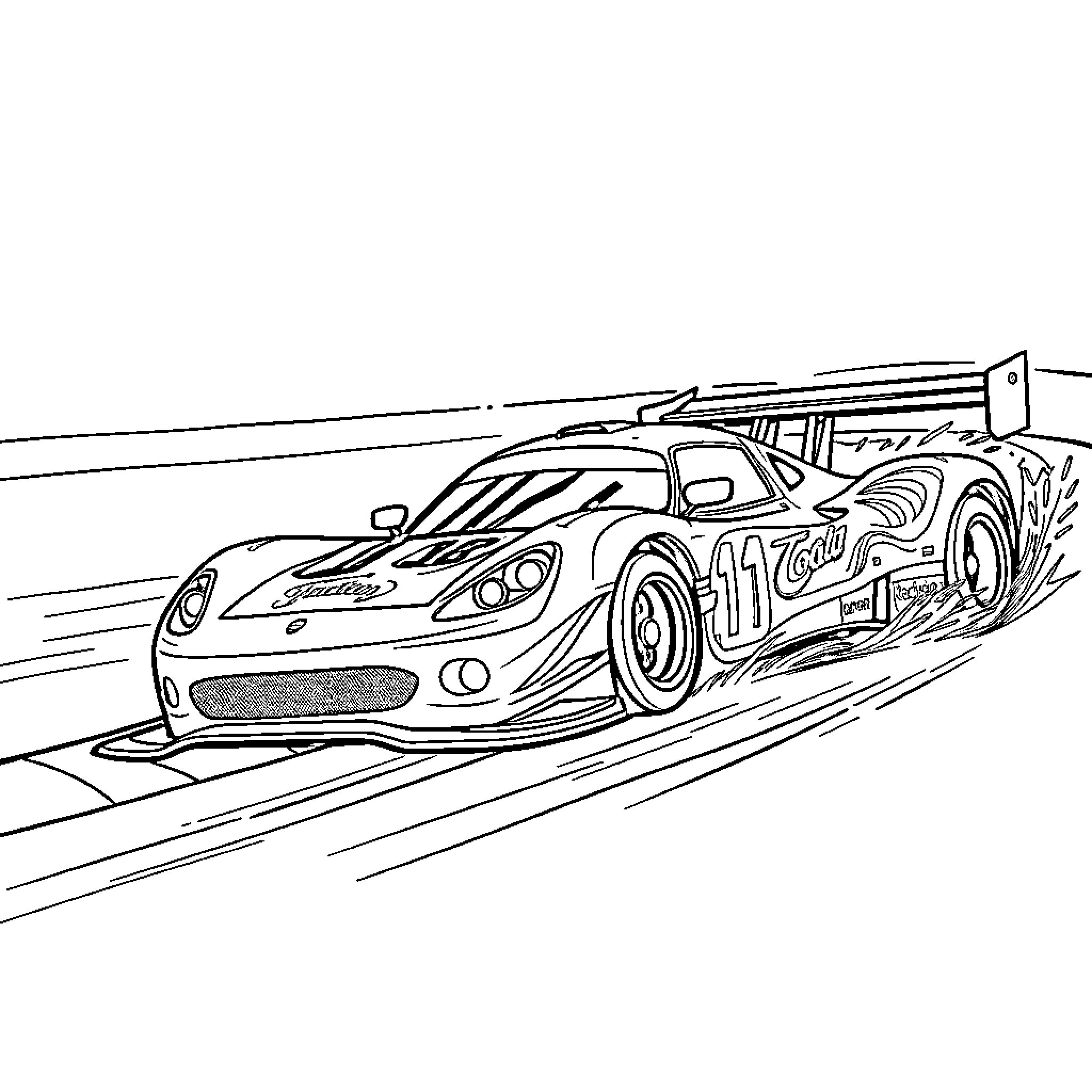 Racing Car speeding on the track Coloring Page (free black-and-white line drawing printable PDF for all, from beginners to advanced learners, including children, teens, adults, and seniors)