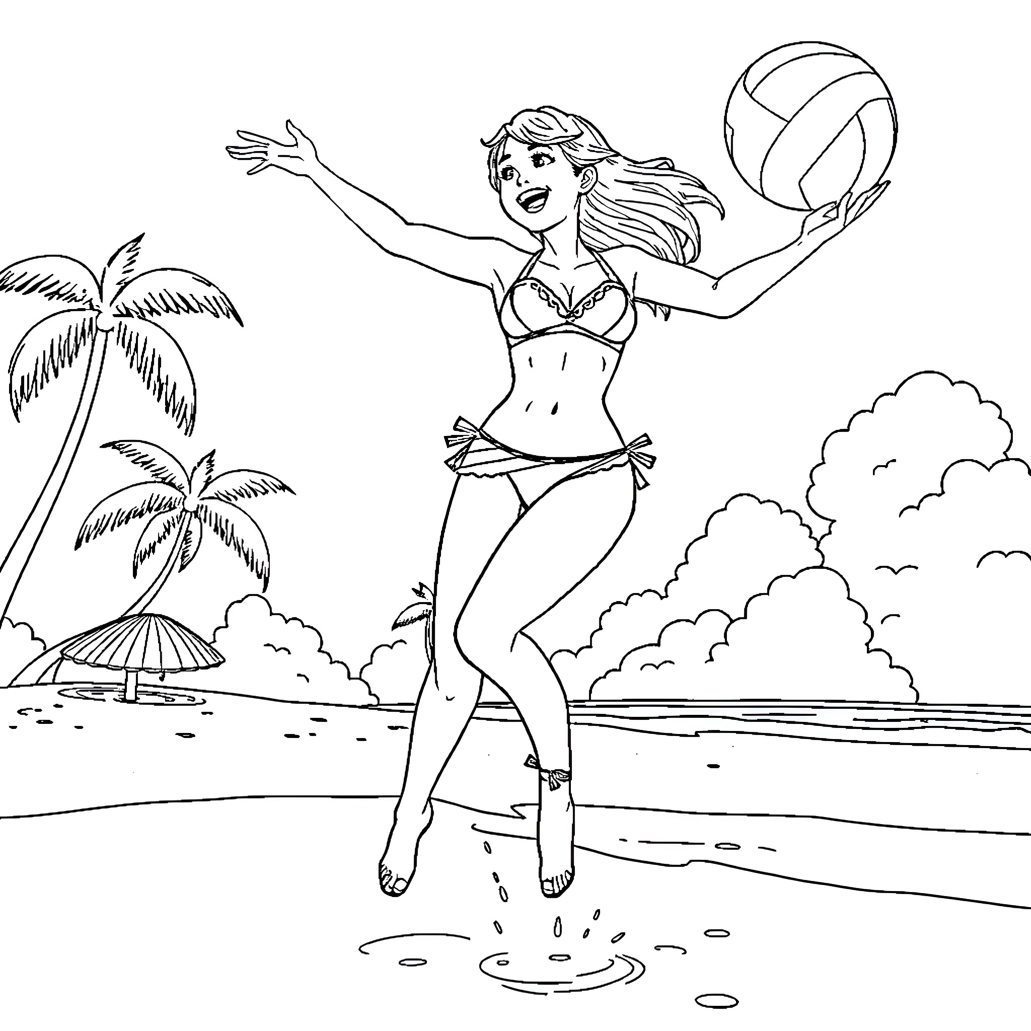 Girl playing beach volleyball by the ocean Coloring Page (free black-and-white line drawing printable PDF for all, from beginners to advanced learners, including children, teens, adults, and seniors)