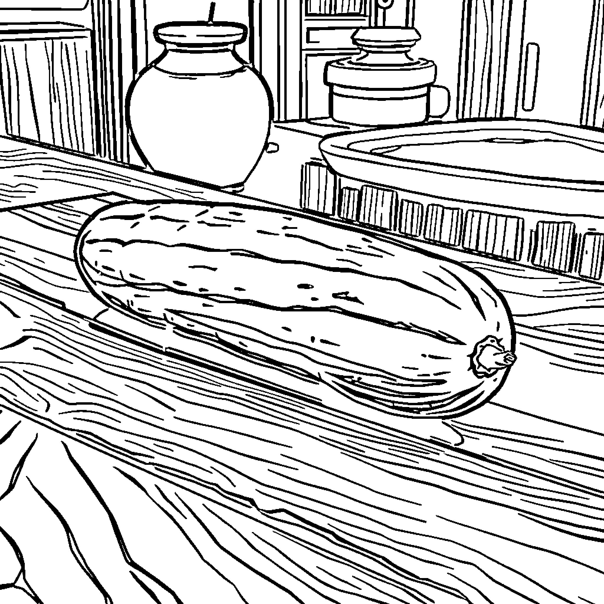 Cucumber on rustic kitchen table Coloring Page (free black-and-white line drawing printable PDF for all, from beginners to advanced learners, including children, teens, adults, and seniors)