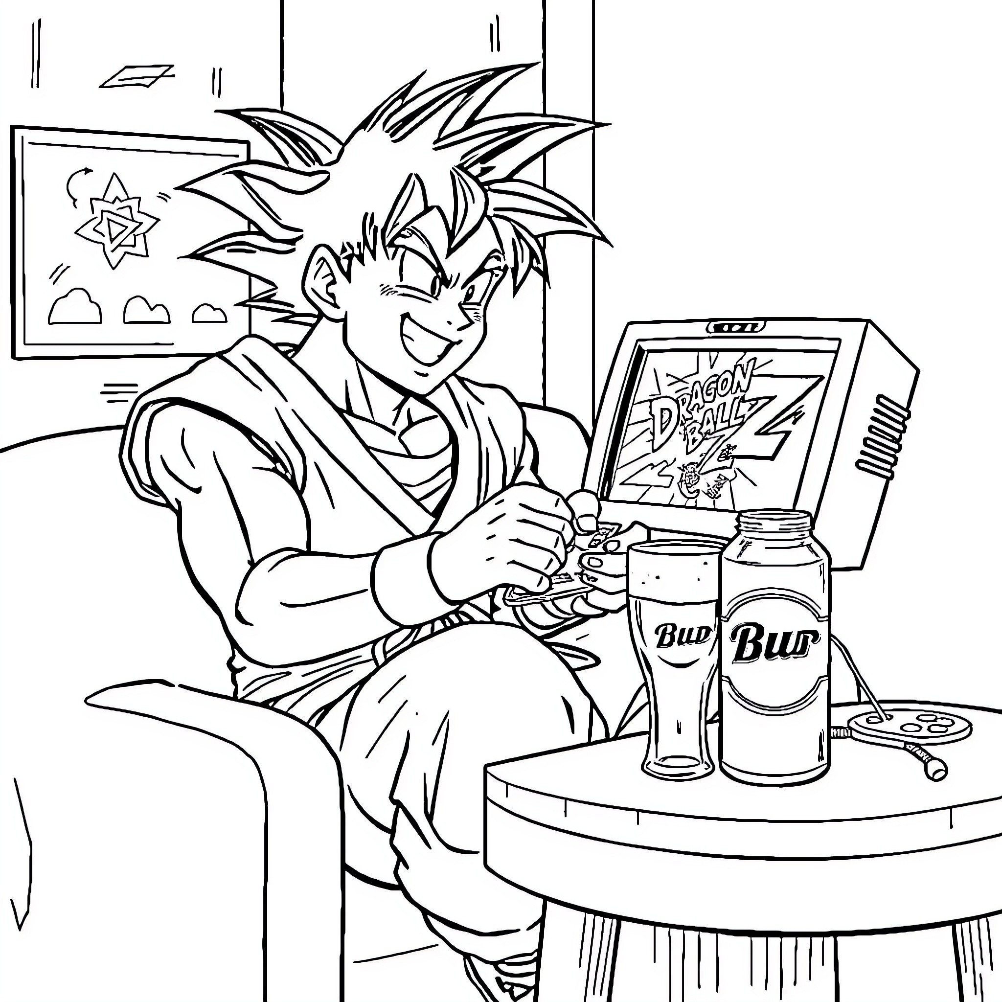 Goku playing video games and drinking soda Coloring Page (free black-and-white line drawing printable PDF for all, from beginners to advanced learners, including children, teens, adults, and seniors)