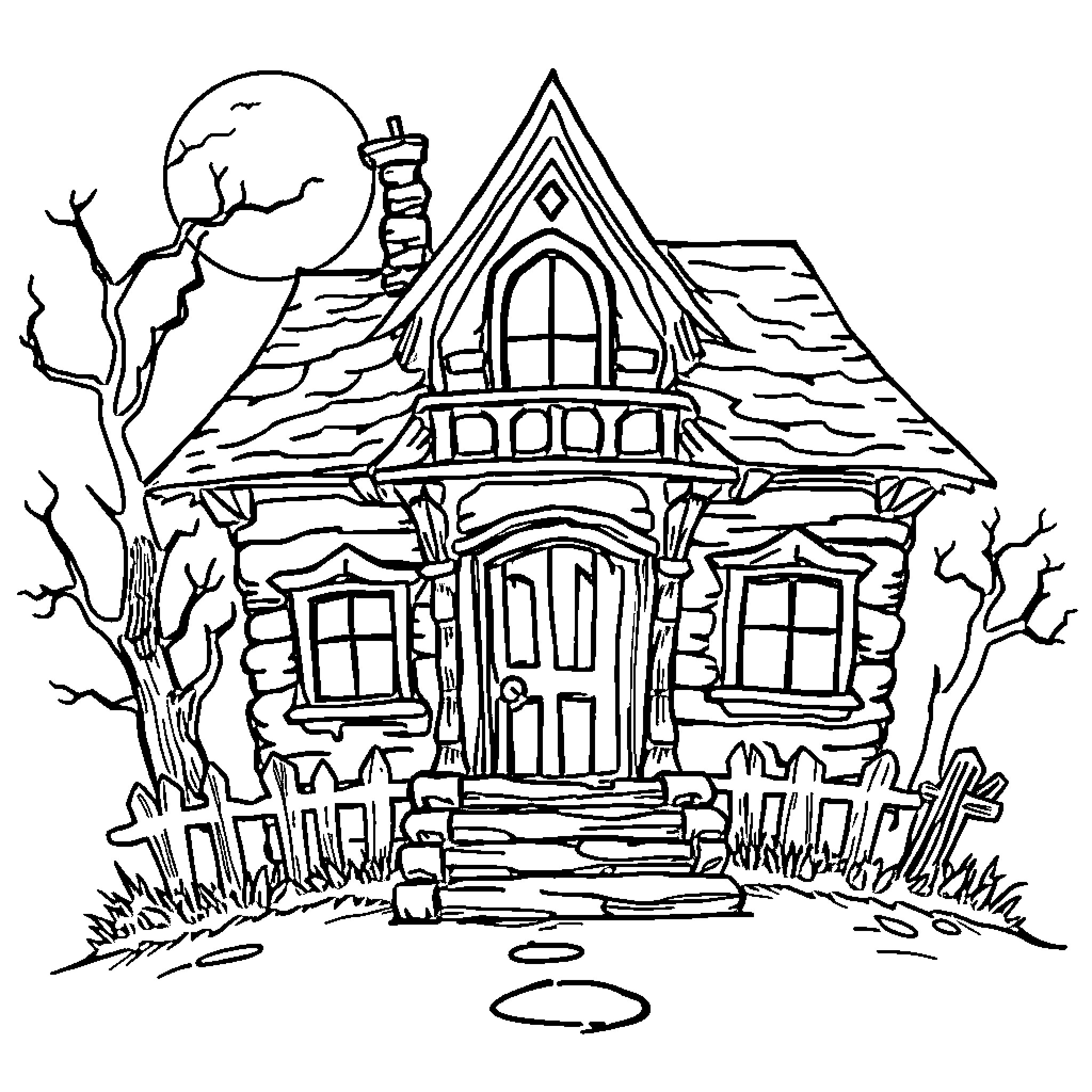 Haunted House with Eerie Atmosphere and Spooky Elements Coloring Page (free black-and-white line drawing printable PDF for all, from beginners to advanced learners, including children, teens, adults, and seniors)