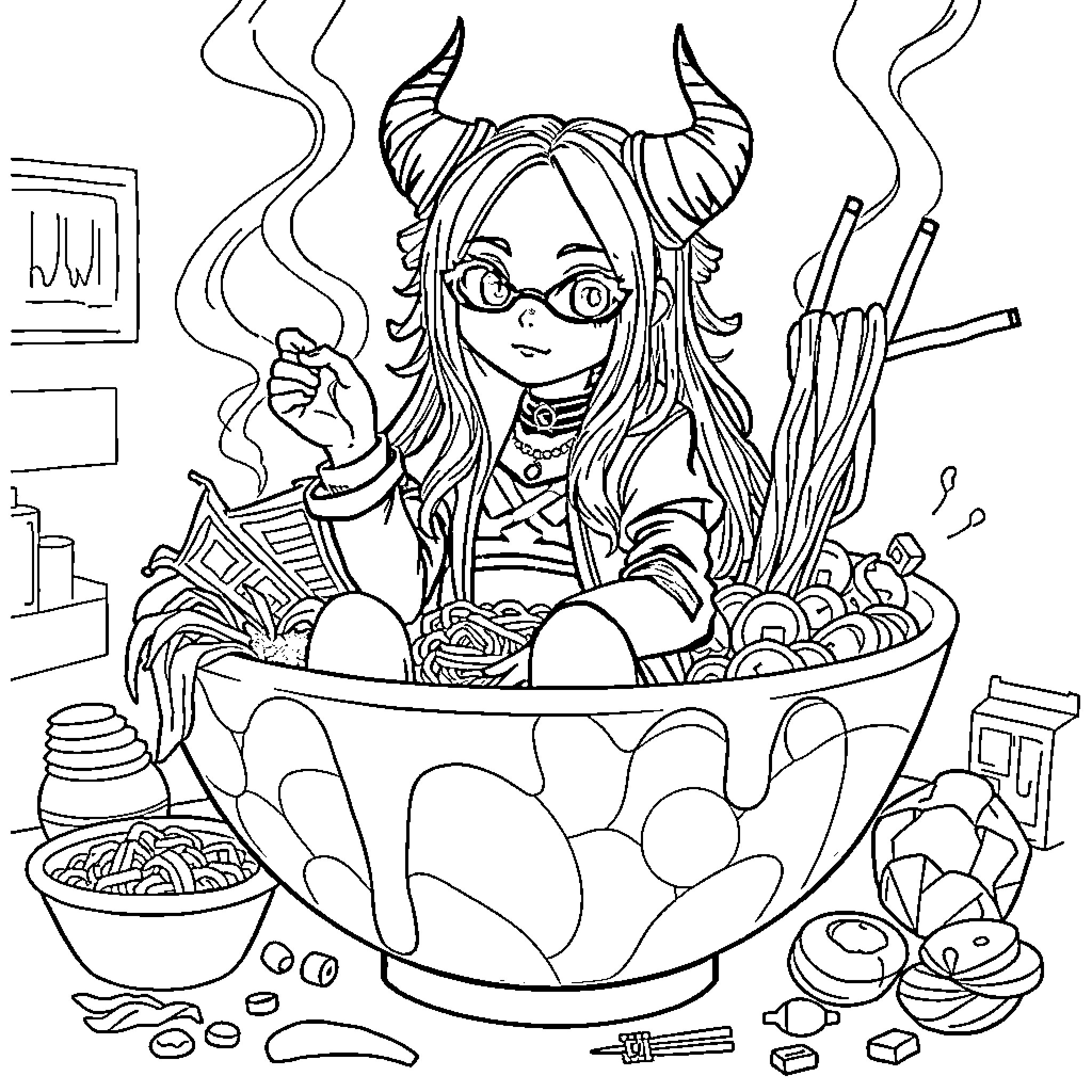 Zoey's Enchanting Culinary Adventure Coloring Page (free black-and-white line drawing printable PDF for all, from beginners to advanced learners, including children, teens, adults, and seniors)