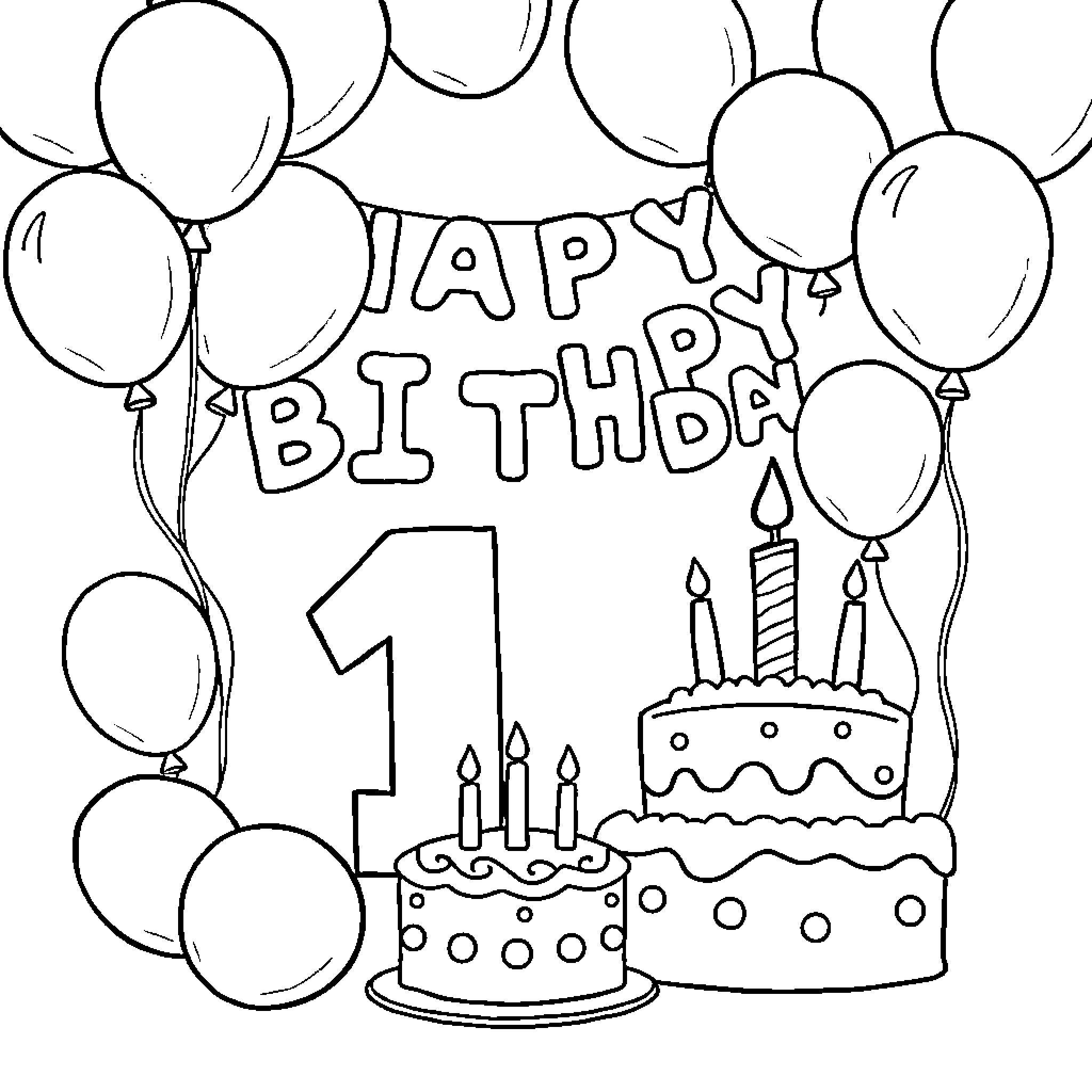 Birthday celebration with cake and balloons Coloring Page (free black-and-white line drawing printable PDF for all, from beginners to advanced learners, including children, teens, adults, and seniors)