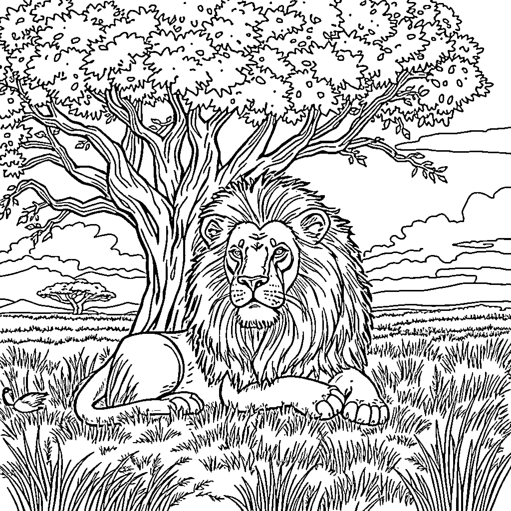 Lion resting under a tree in the savanna Coloring Page (free black-and-white line drawing printable PDF for all, from beginners to advanced learners, including children, teens, adults, and seniors)