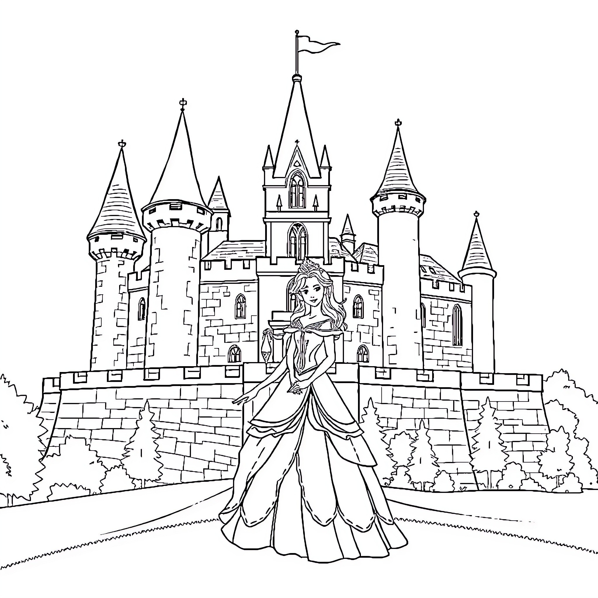 Princess in a Majestic Castle Coloring Page (free black-and-white line drawing printable PDF for all, from beginners to advanced learners, including children, teens, adults, and seniors)