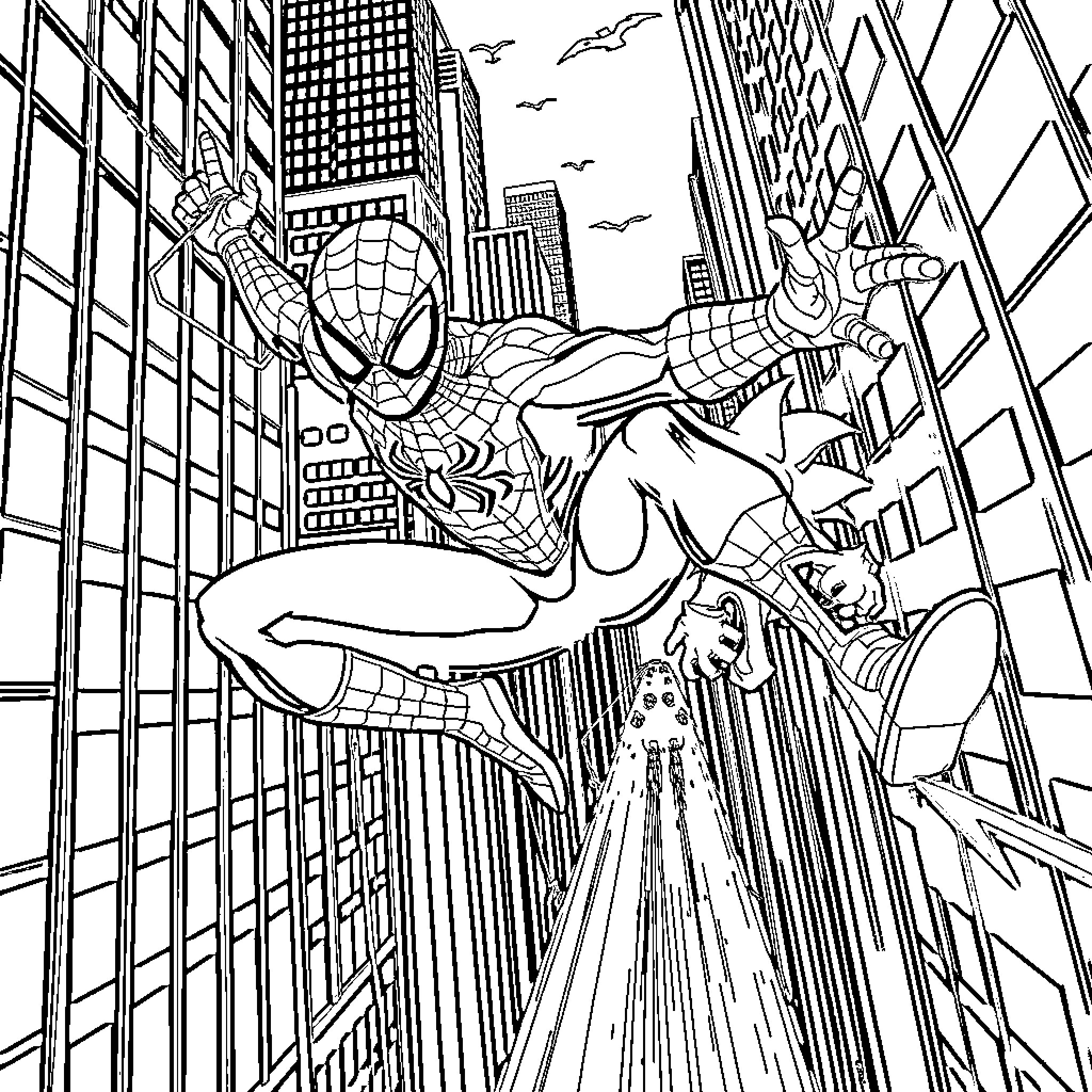 Spidey swings through the city with heroic action Coloring Page (free black-and-white line drawing printable PDF for all, from beginners to advanced learners, including children, teens, adults, and seniors)