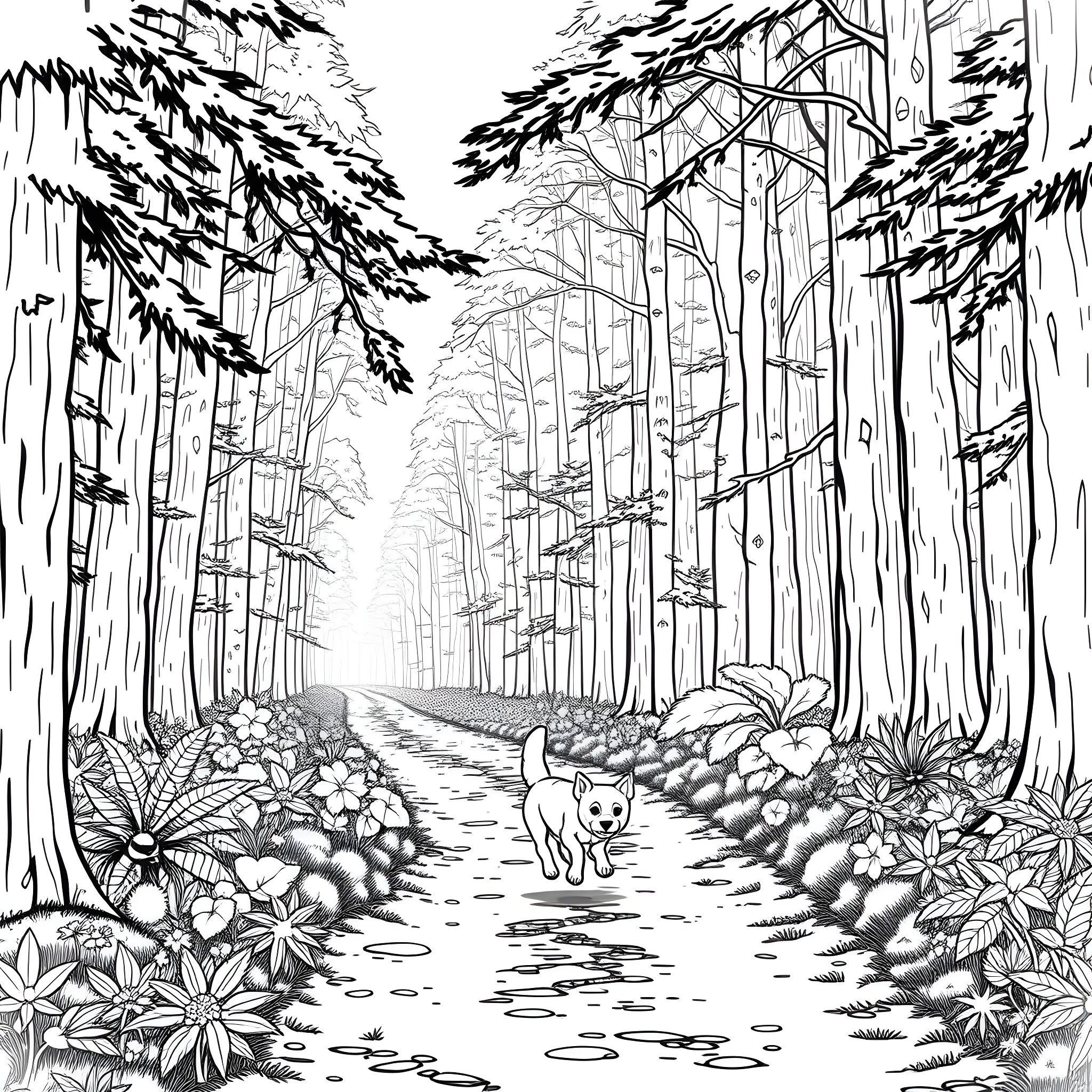 Dog exploring a magical forest trail Coloring Page (free black-and-white line drawing printable PDF for all, from beginners to advanced learners, including children, teens, adults, and seniors)