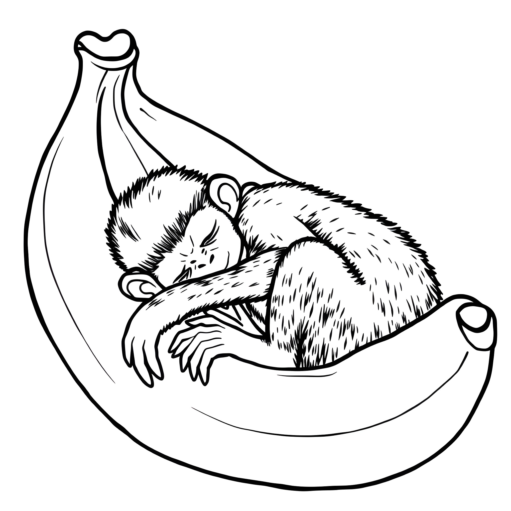 Monkey resting comfortably in a banana Coloring Page (free black-and-white line drawing printable PDF for all, from beginners to advanced learners, including children, teens, adults, and seniors)