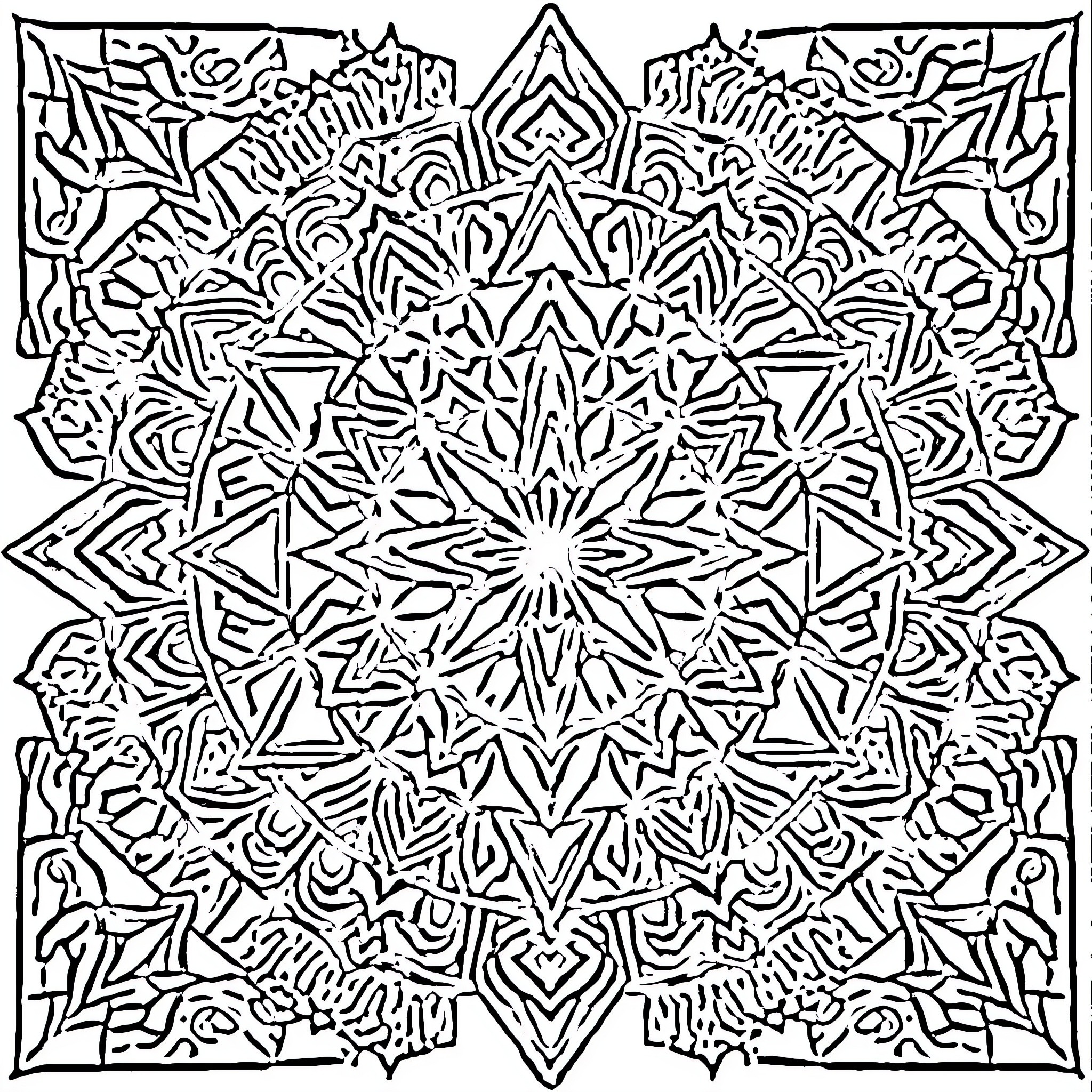 Aztec Geometric Mandala Pattern Coloring Page (free black-and-white line drawing printable PDF for all, from beginners to advanced learners, including children, teens, adults, and seniors)