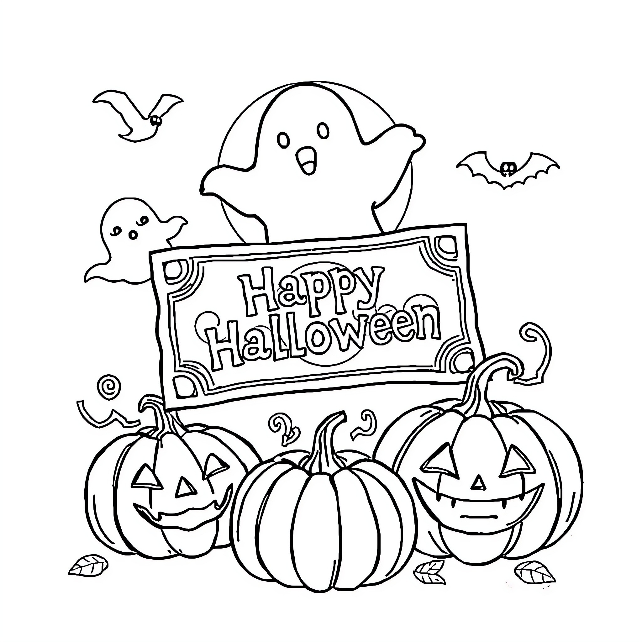Halloween ghostly scene with pumpkins and bats Coloring Page (free black-and-white line drawing printable PDF for all, from beginners to advanced learners, including children, teens, adults, and seniors)