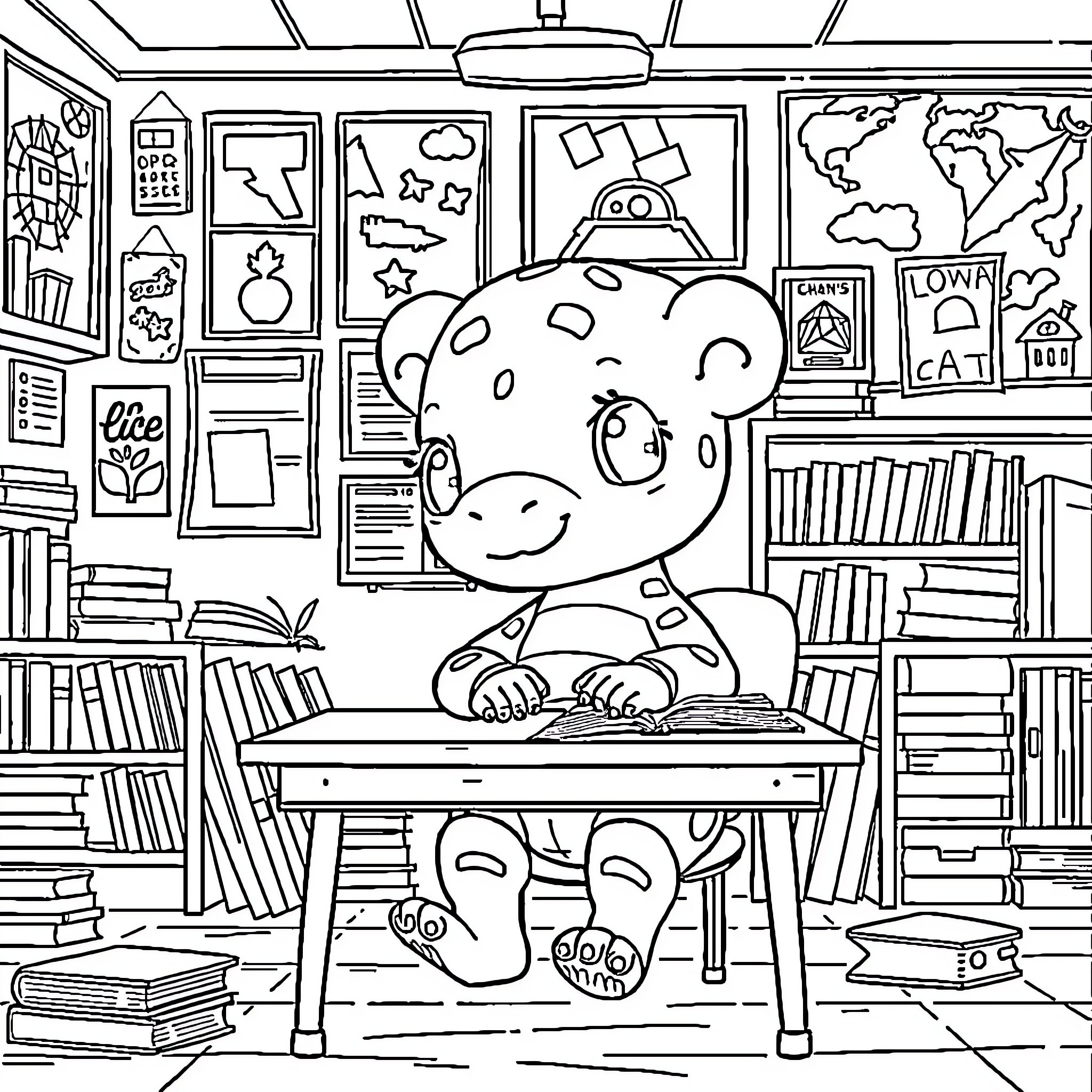 Labubu studying diligently in the library Coloring Page (free black-and-white line drawing printable PDF for all, from beginners to advanced learners, including children, teens, adults, and seniors)