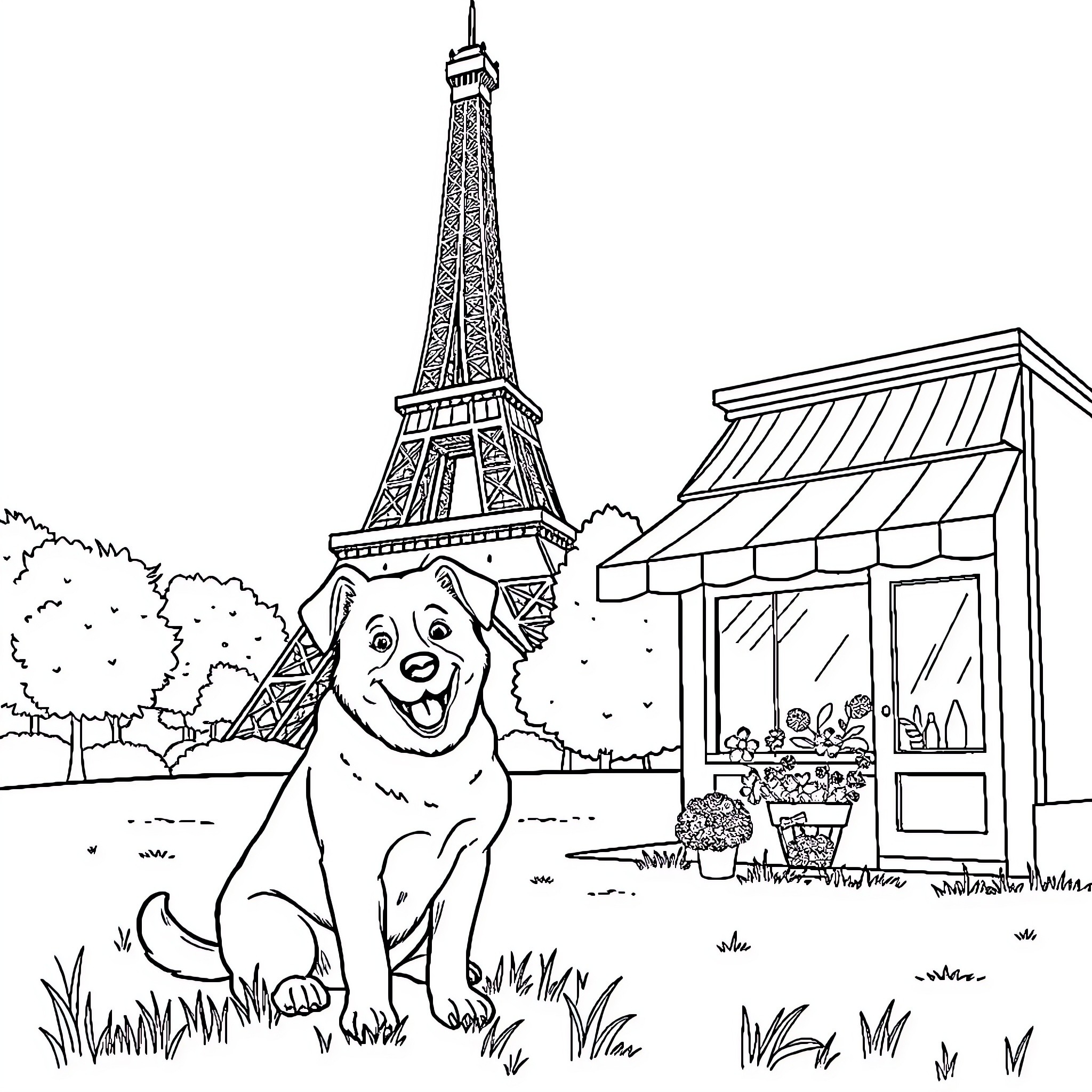 Dog enjoying the sights in front of the Eiffel Tower Coloring Page (free black-and-white line drawing printable PDF for all, from beginners to advanced learners, including children, teens, adults, and seniors)