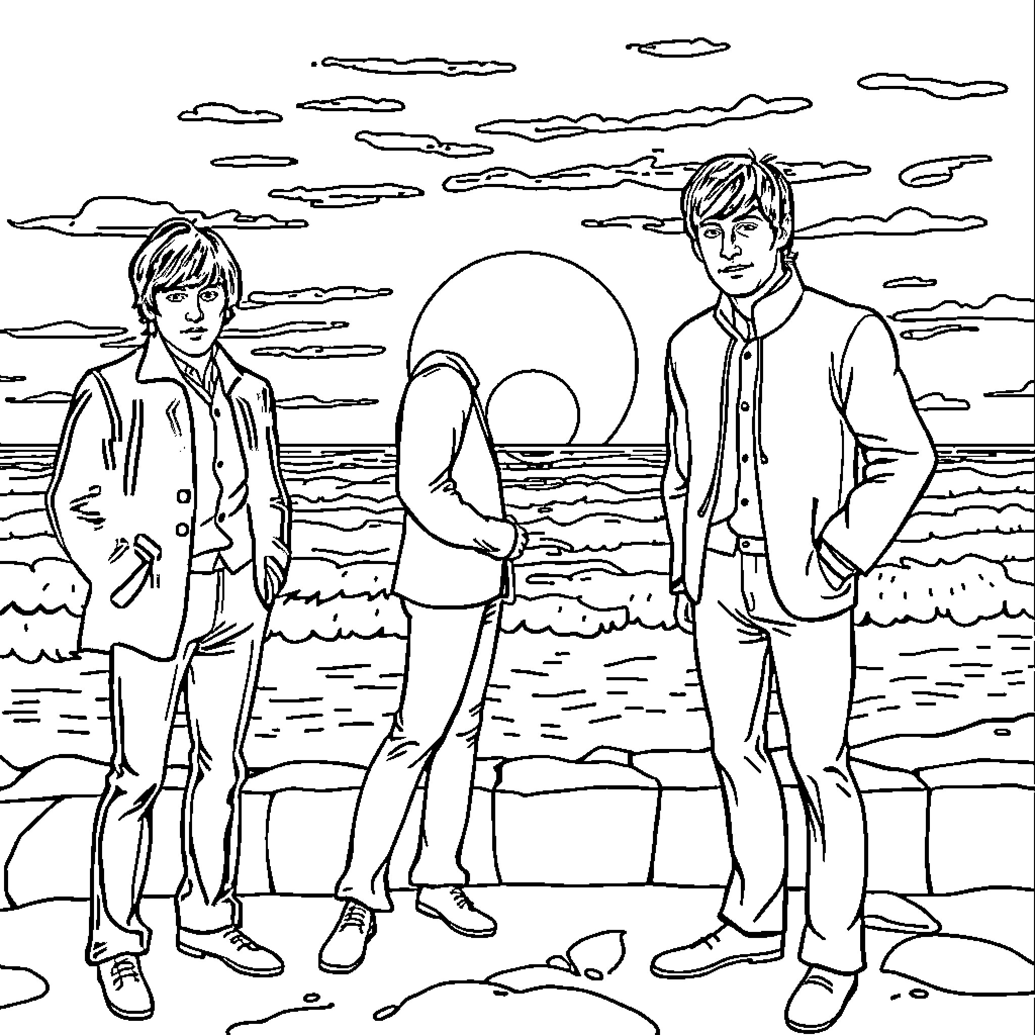 Beatles Enjoying Scenic Seaside with Casual Attire Coloring Page (free black-and-white line drawing printable PDF for all, from beginners to advanced learners, including children, teens, adults, and seniors)