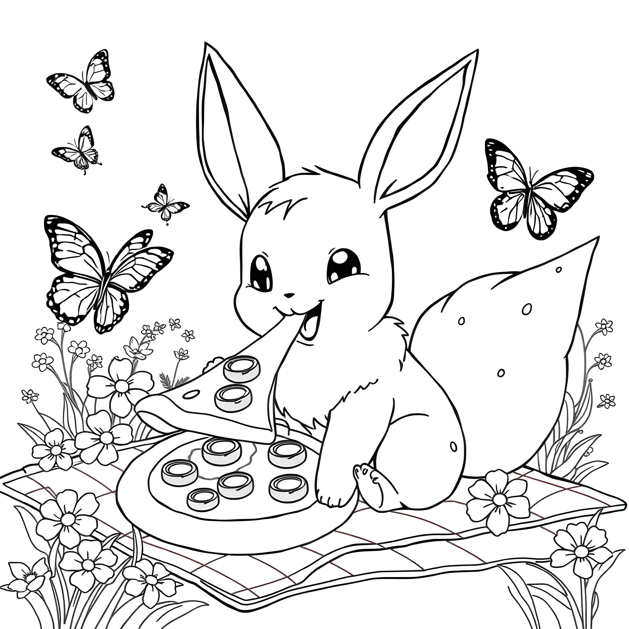 Eevee enjoying a picnic with butterflies in the meadow Coloring Page (free black-and-white line drawing printable PDF for all, from beginners to advanced learners, including children, teens, adults, and seniors)