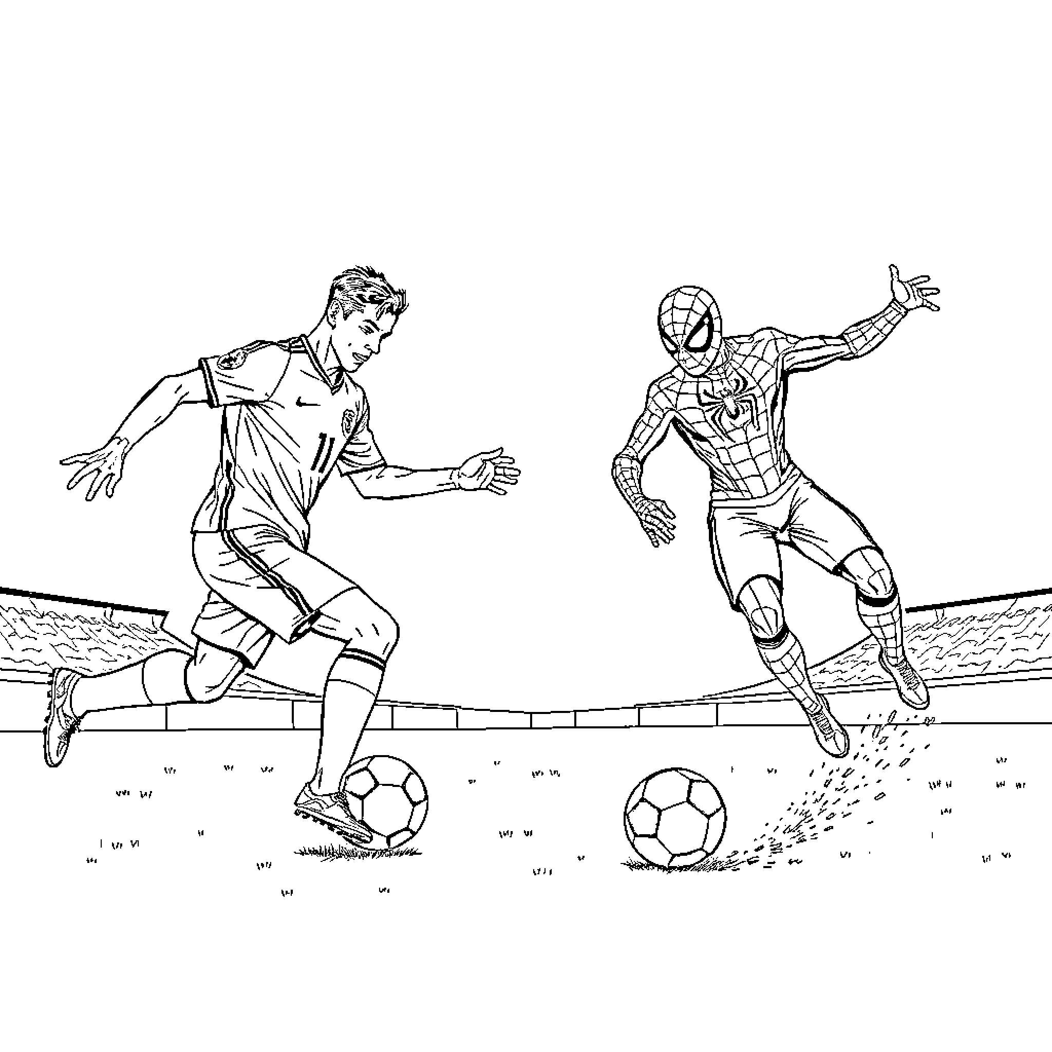 Ronaldo battles Spider-Man on the soccer field Coloring Page (free black-and-white line drawing printable PDF for all, from beginners to advanced learners, including children, teens, adults, and seniors)