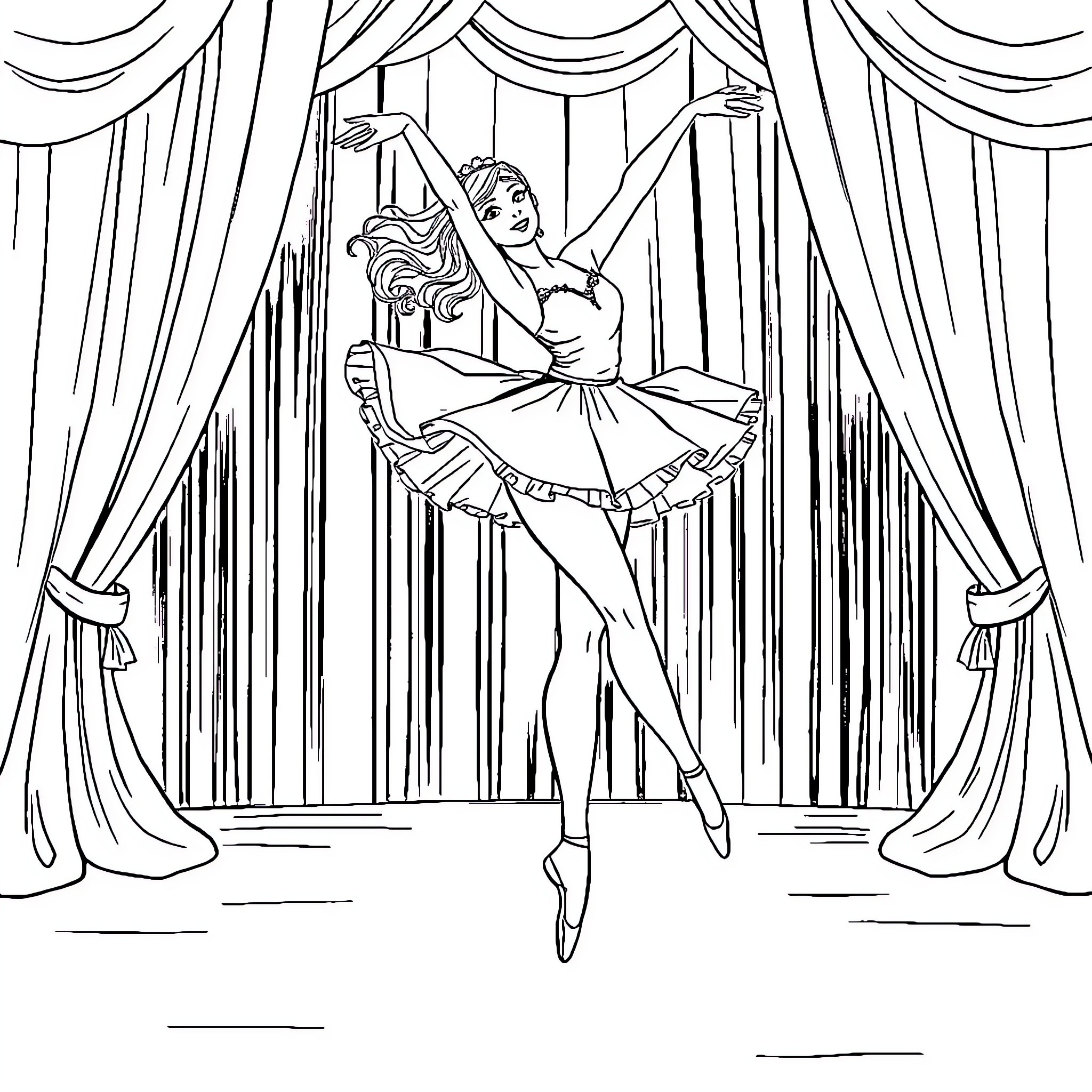 Ballerina performing graceful dance on stage Coloring Page (free black-and-white line drawing printable PDF for all, from beginners to advanced learners, including children, teens, adults, and seniors)