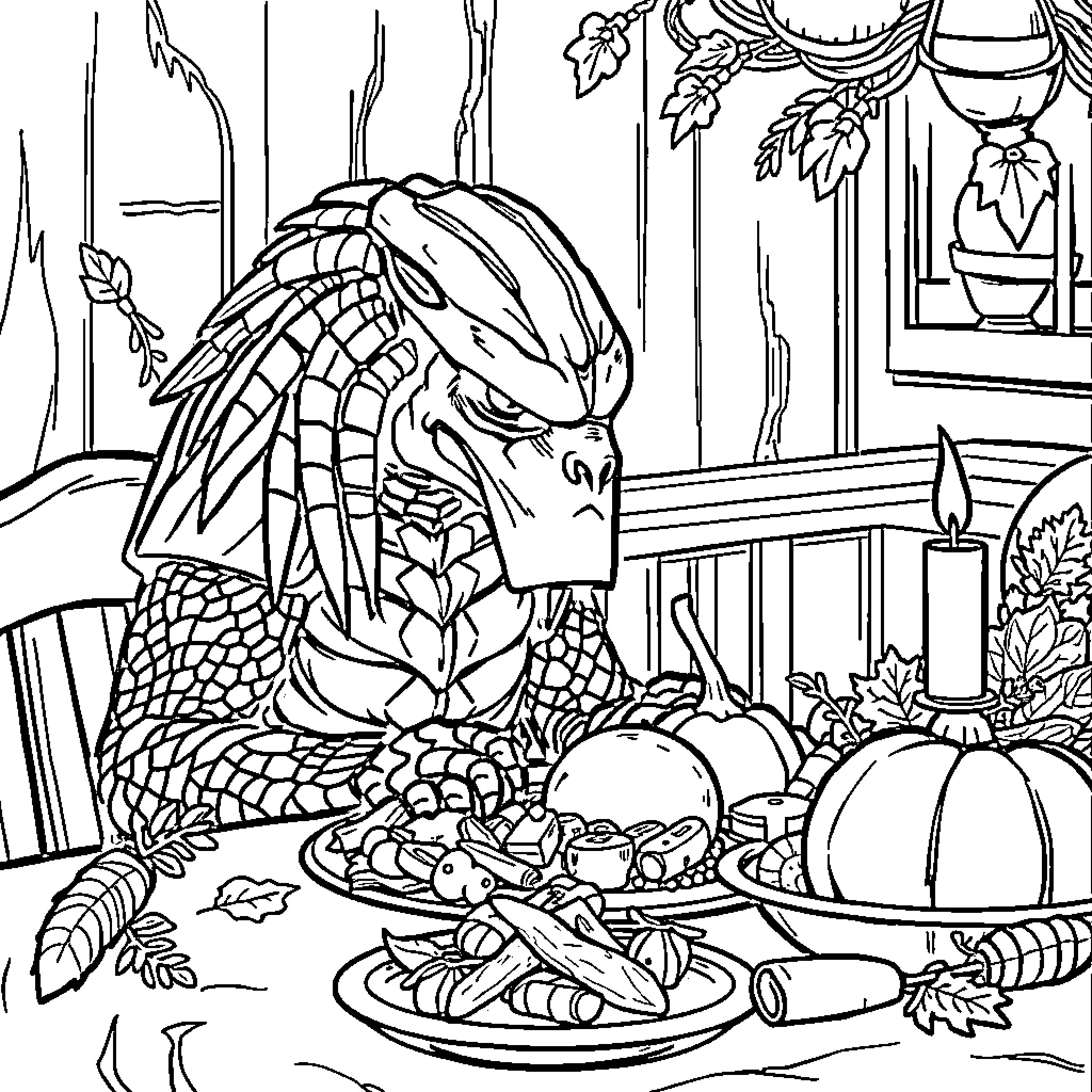 Predator feasting at the table with fall decor Coloring Page (free black-and-white line drawing printable PDF for all, from beginners to advanced learners, including children, teens, adults, and seniors)