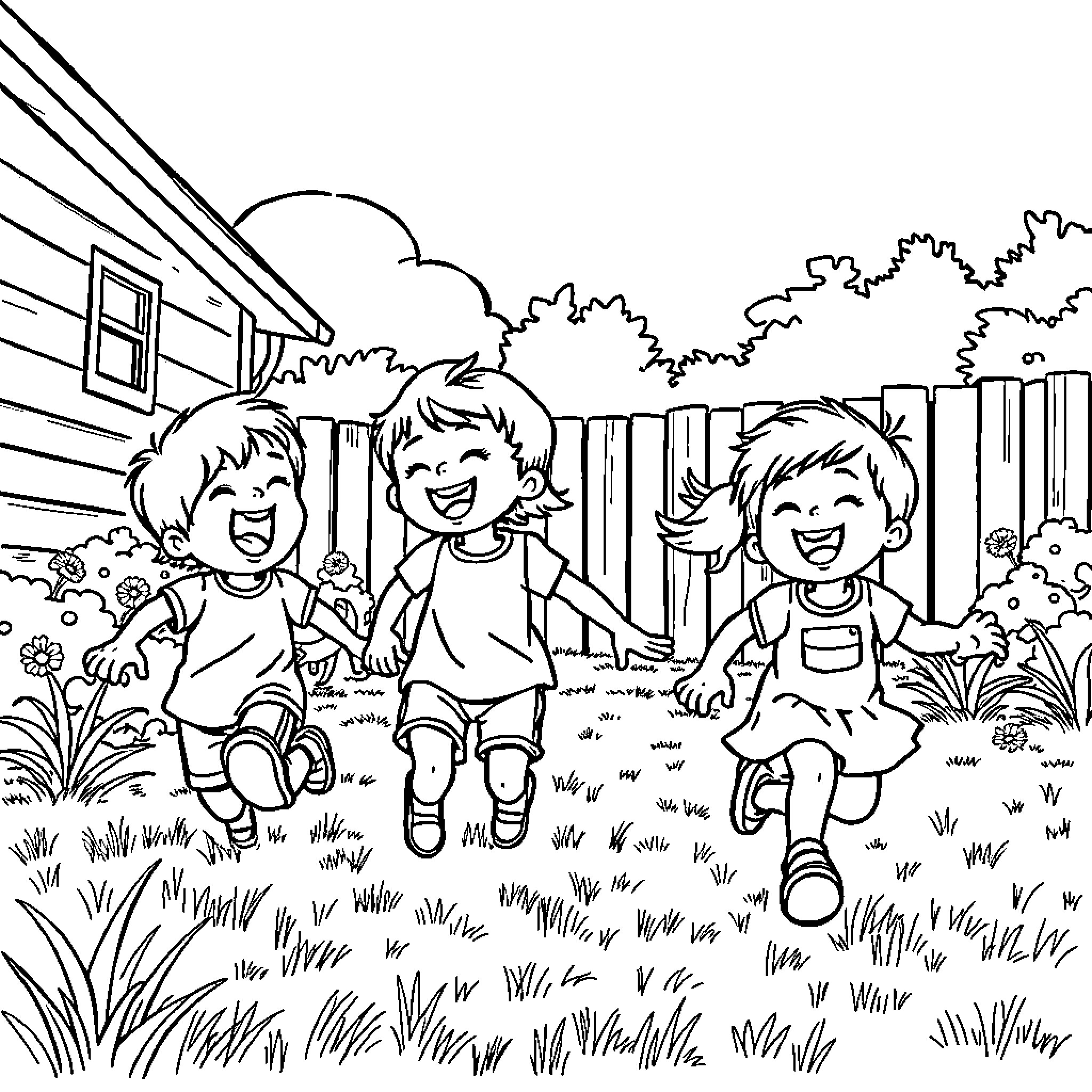 Kids laughing and playing in the backyard Coloring Page (free black-and-white line drawing printable PDF for all, from beginners to advanced learners, including children, teens, adults, and seniors)