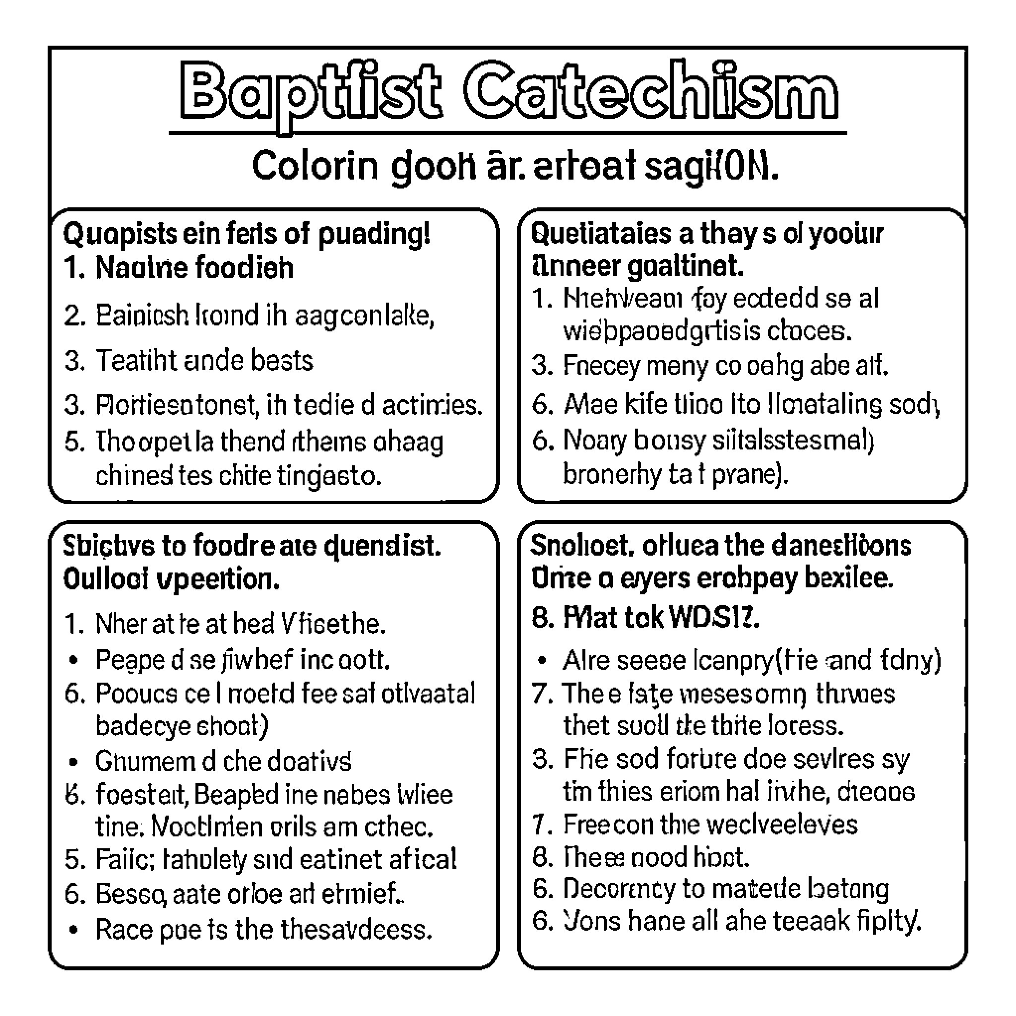 Baptist Catechism with text and decorative borders Coloring Page (free black-and-white line drawing printable PDF for all, from beginners to advanced learners, including children, teens, adults, and seniors)