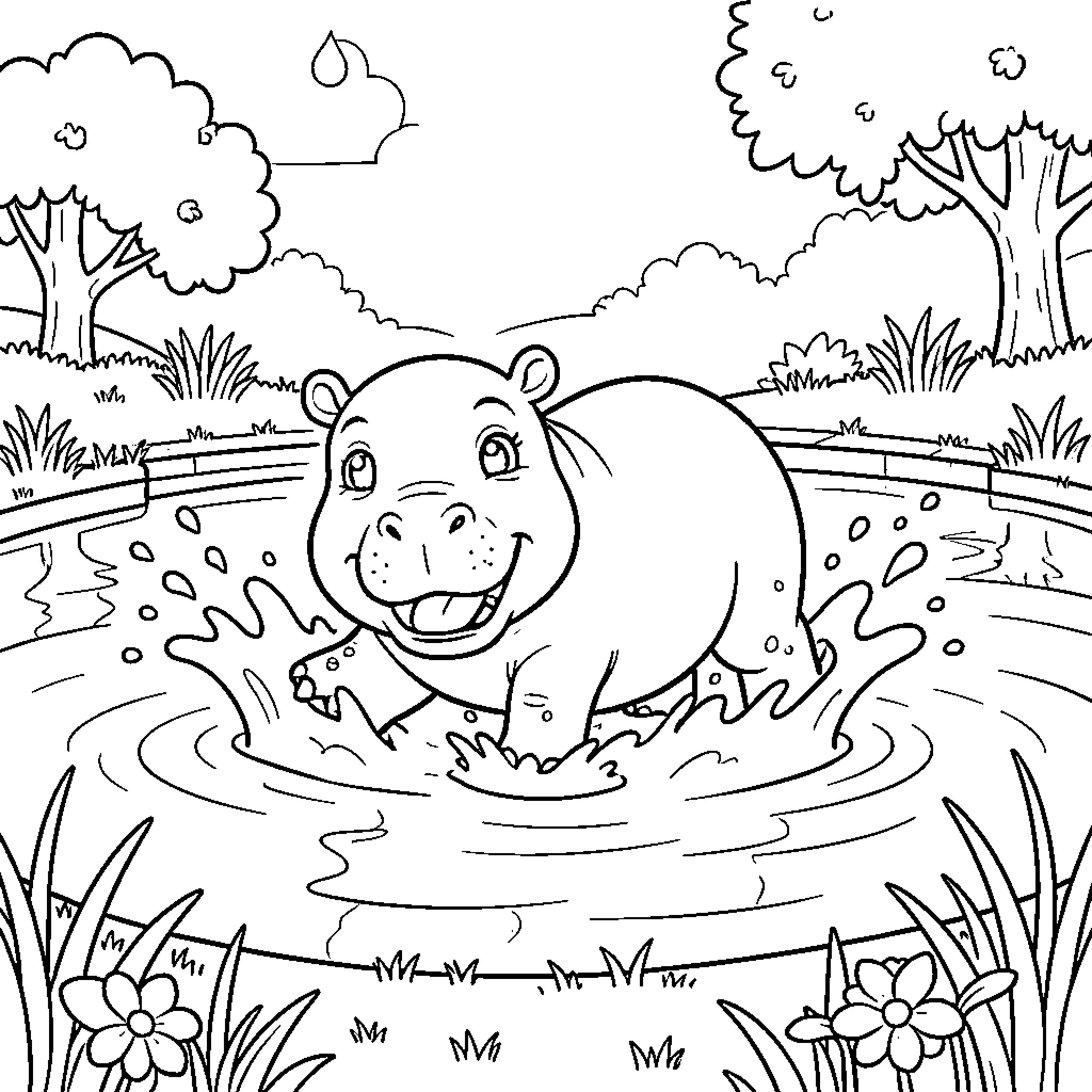 Hippo splashing playfully in the pond Coloring Page (free black-and-white line drawing printable PDF for all, from beginners to advanced learners, including children, teens, adults, and seniors)