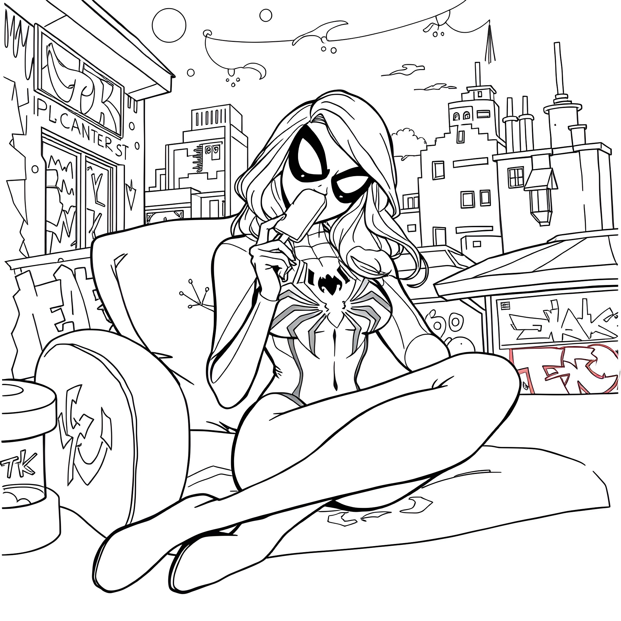 Spider Gwen in Superhero Pose on City Rooftop Coloring Page (free black-and-white line drawing printable PDF for all, from beginners to advanced learners, including children, teens, adults, and seniors)