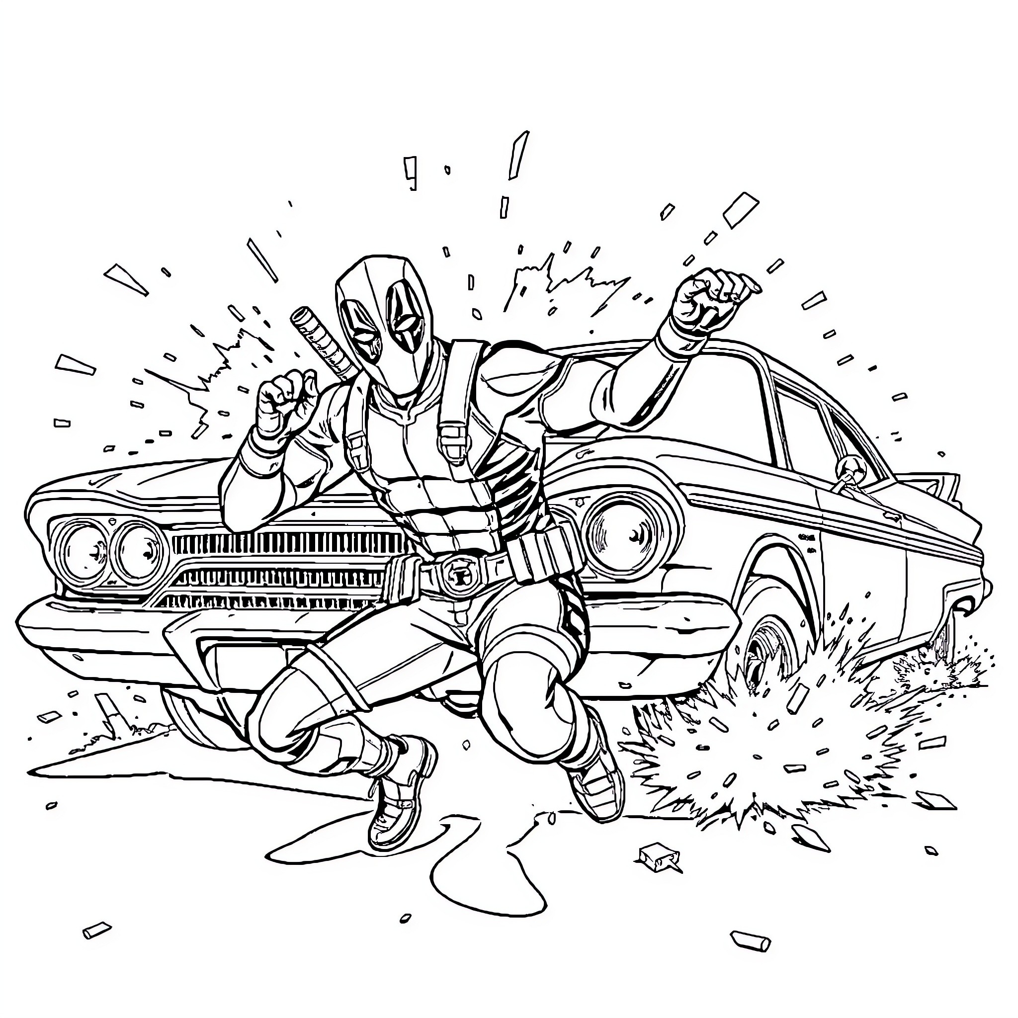 Deadpool's Thrilling Automotive Adventures Coloring Page (free black-and-white line drawing printable PDF for all, from beginners to advanced learners, including children, teens, adults, and seniors)
